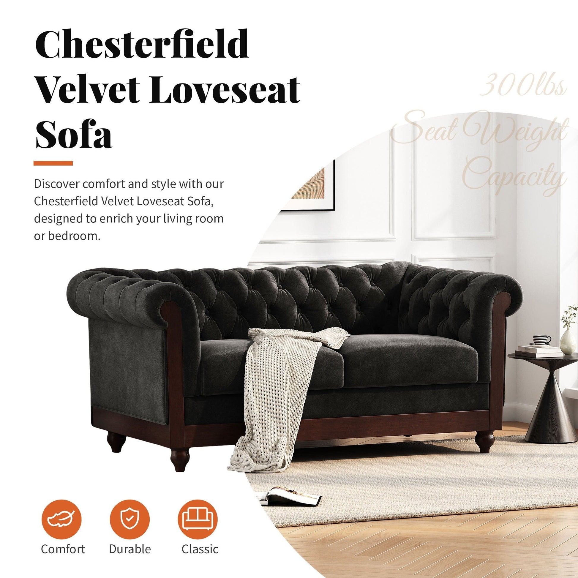 59.44 Velvet Chesterfield Loveseat Sofa with Rolled Arms, Tufted Backrest and 600LB Capacity