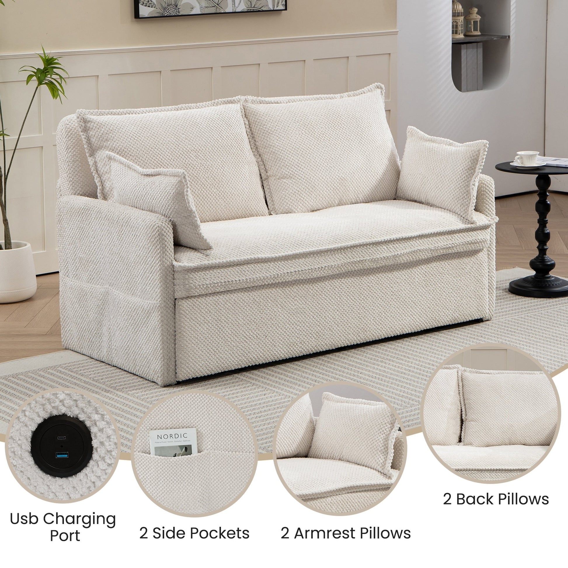 59.5 Corduroy Convertible Sofa Bed with Pull-Out Sleeper, USB/C-Type Charging Ports, and Side Storage
