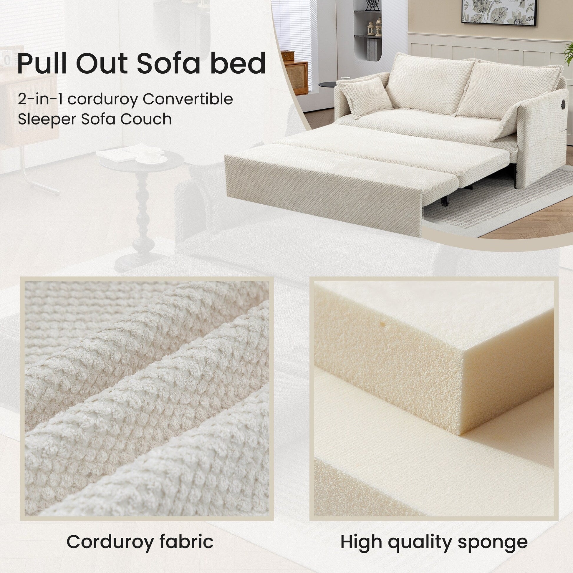 59.5 Corduroy Convertible Sofa Bed with Pull-Out Sleeper, USB/C-Type Charging Ports, and Side Storage