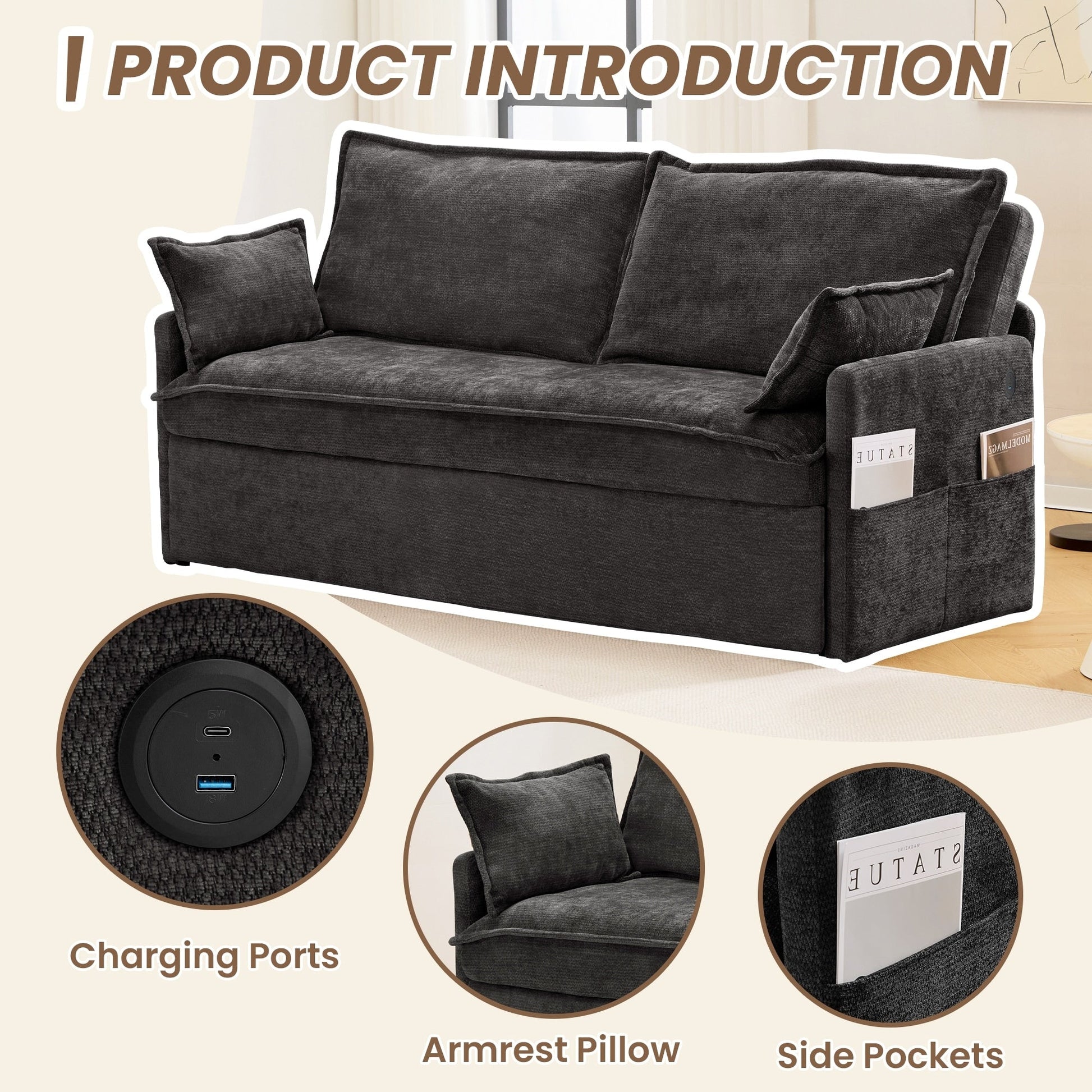 59.5 Corduroy Convertible Sofa Bed with Pull-Out Sleeper, USB/C-Type Charging Ports, and Side Storage