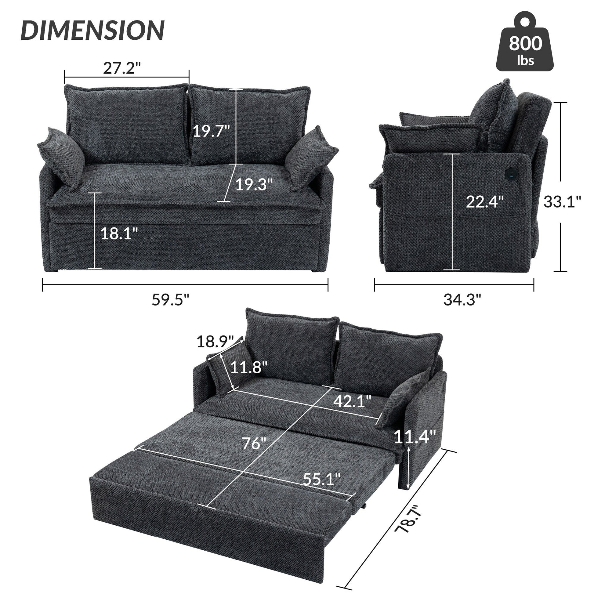 59.5 Corduroy Convertible Sofa Bed with Pull-Out Sleeper, USB/C-Type Charging Ports, and Side Storage