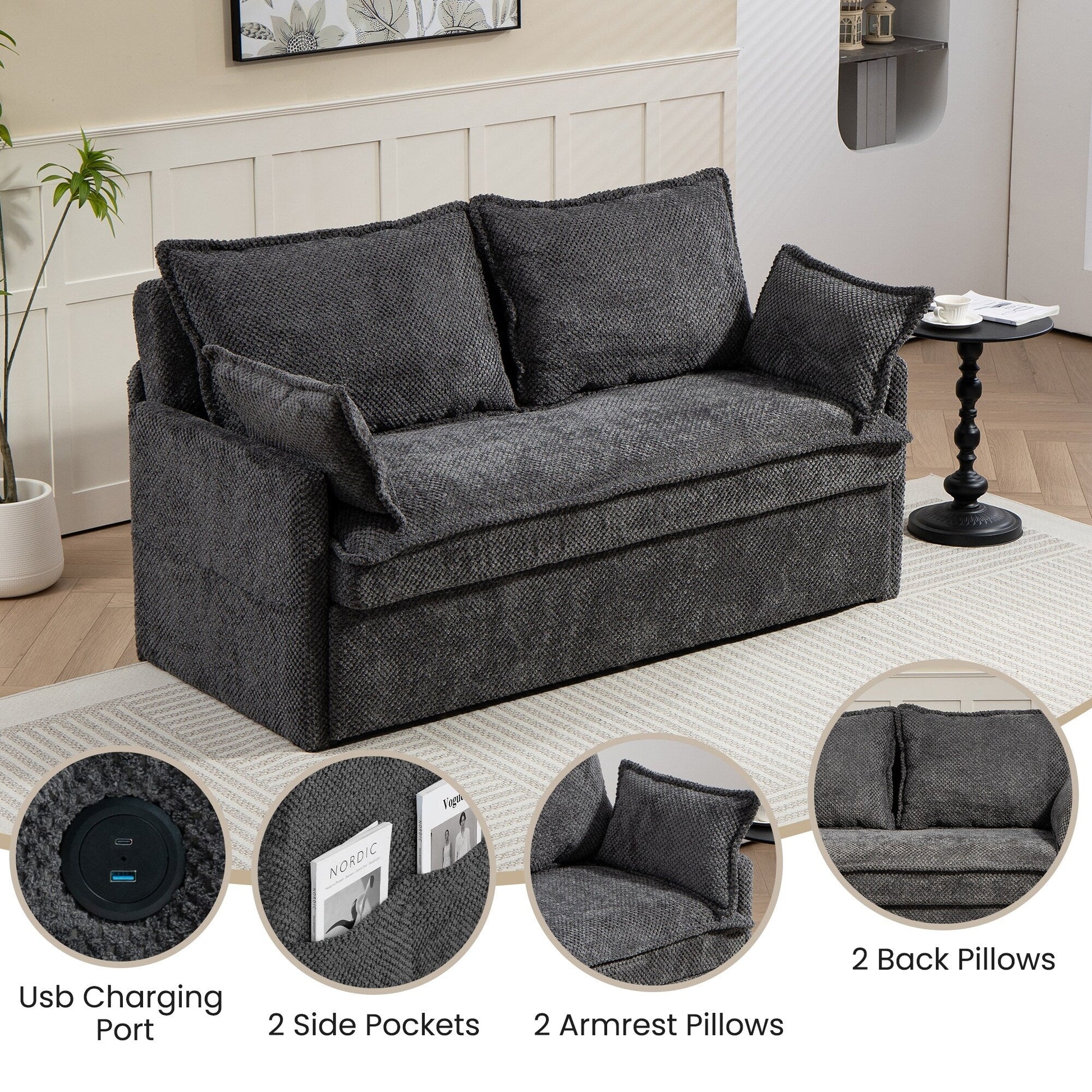 59.5 Corduroy Convertible Sofa Bed with Pull-Out Sleeper, USB/C-Type Charging Ports, and Side Storage