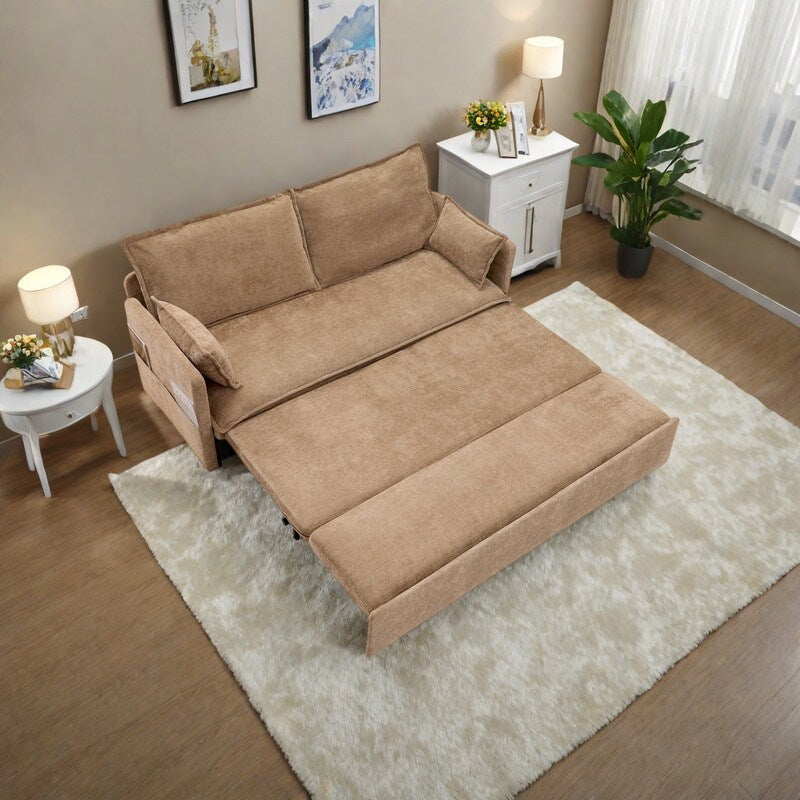 59.5 Corduroy Convertible Sofa Bed with Pull-Out Sleeper, USB/C-Type Charging Ports, and Side Storage