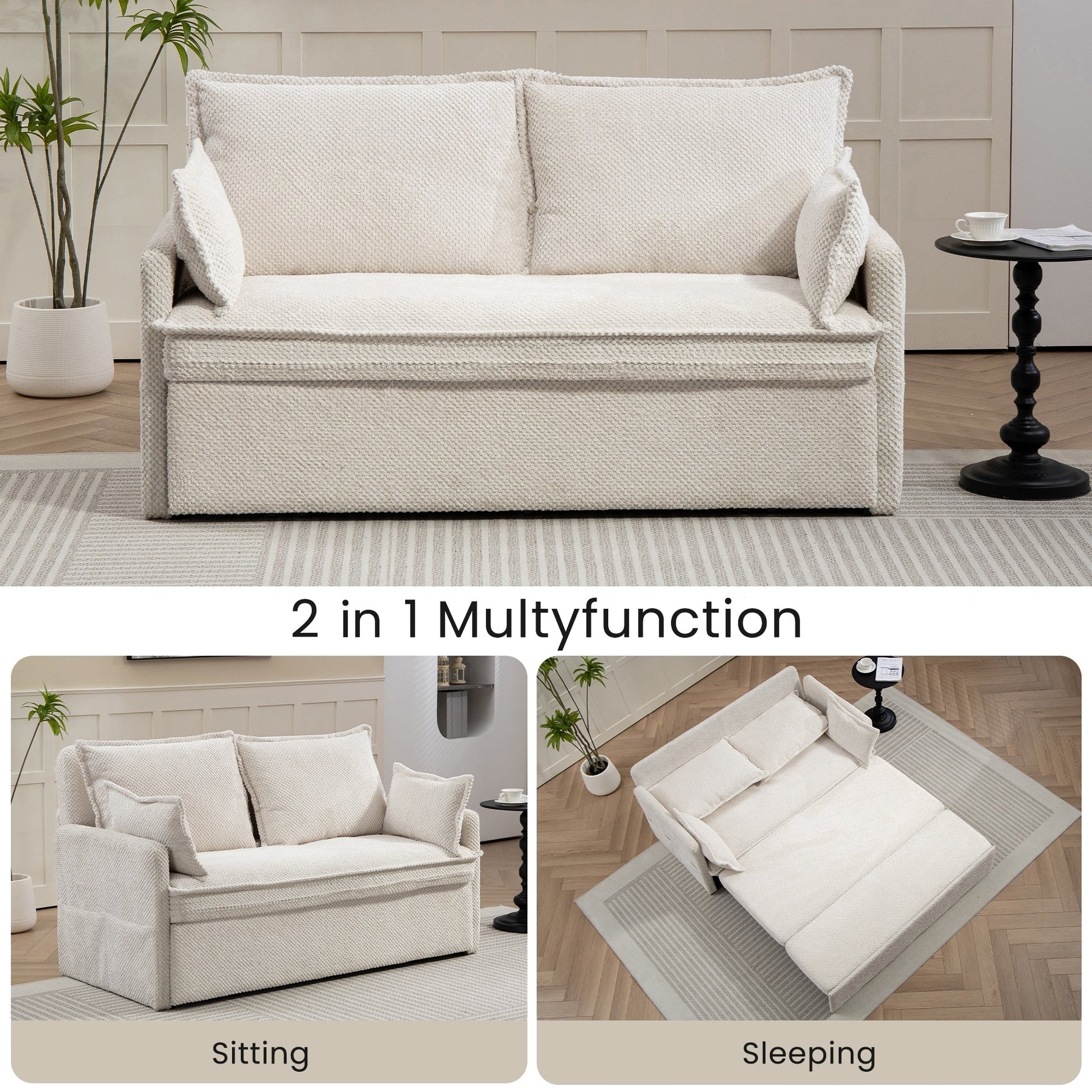 59.5 Corduroy Convertible Sofa Bed with Pull-Out Sleeper, USB/C-Type Charging Ports, and Side Storage