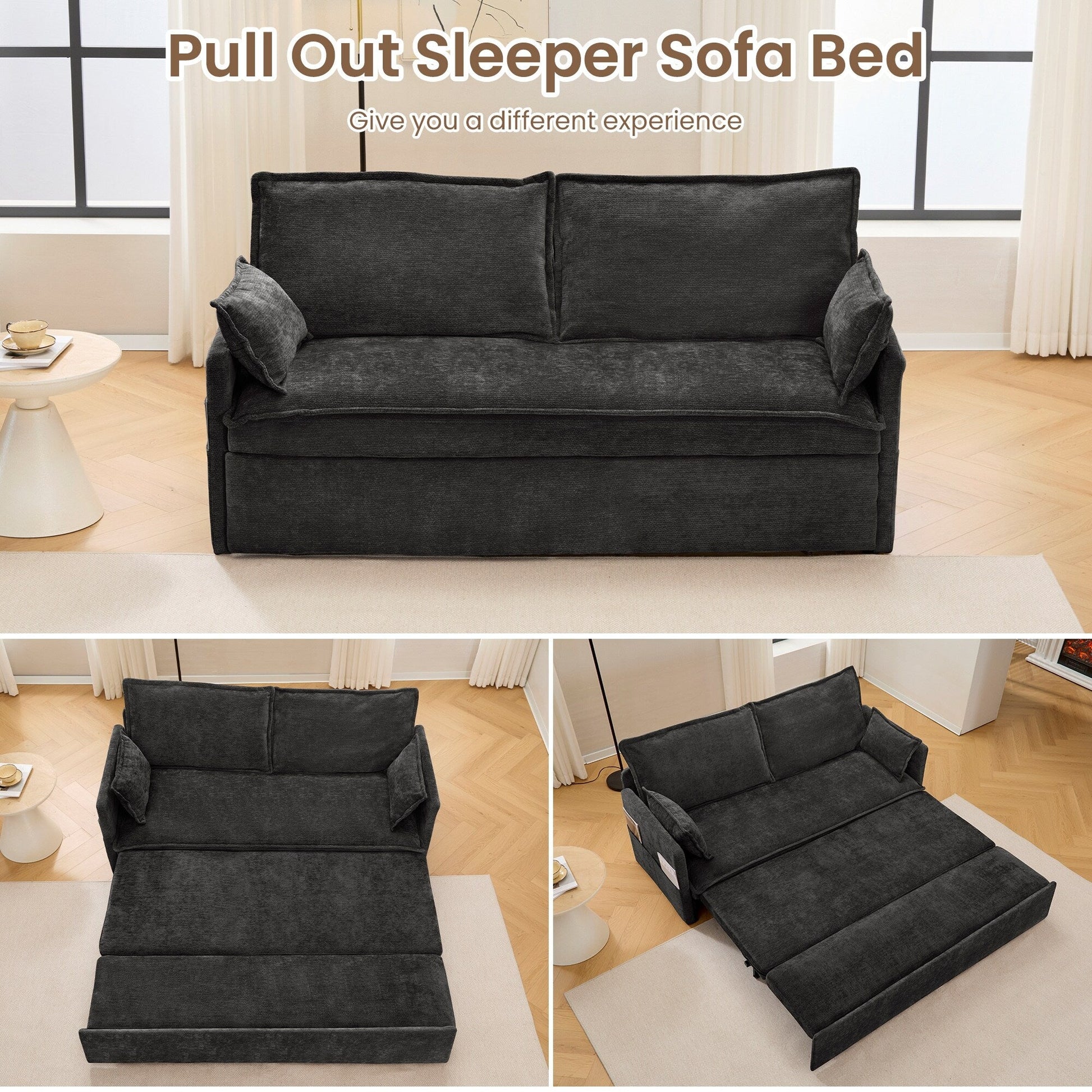 59.5 Corduroy Convertible Sofa Bed with Pull-Out Sleeper, USB/C-Type Charging Ports, and Side Storage