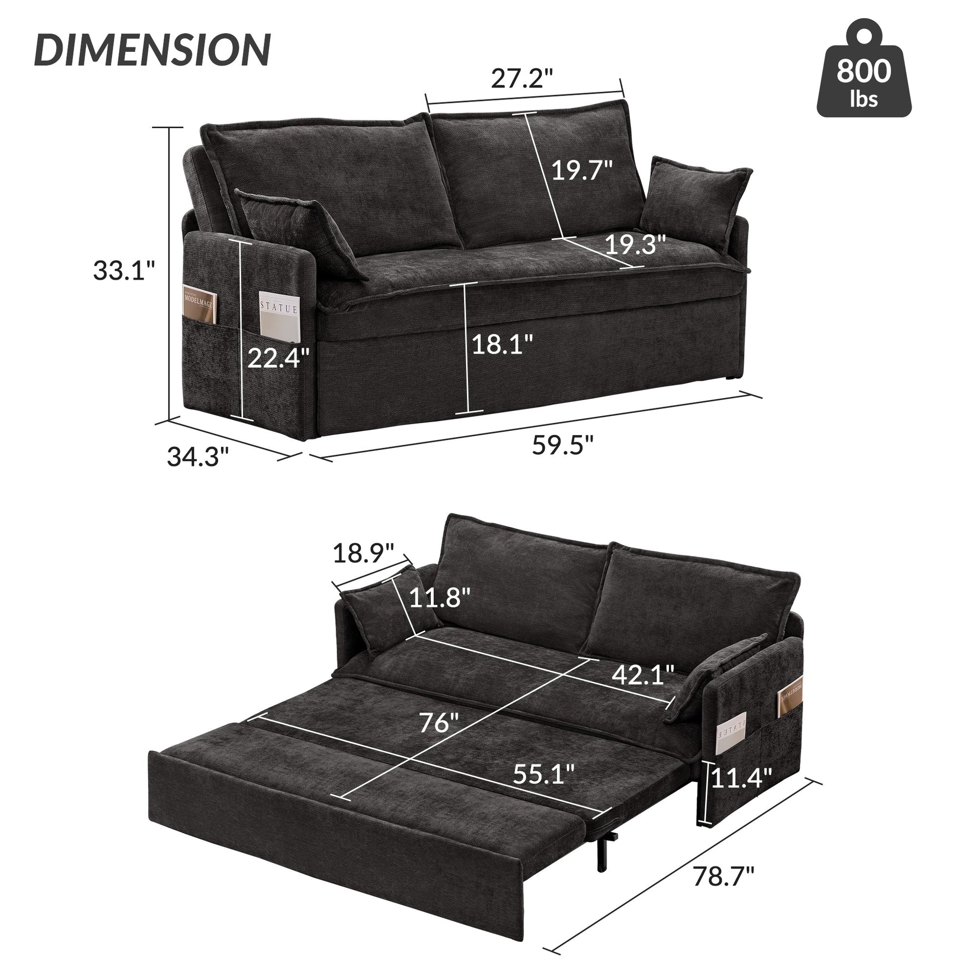 59.5 Corduroy Convertible Sofa Bed with Pull-Out Sleeper, USB/C-Type Charging Ports, and Side Storage