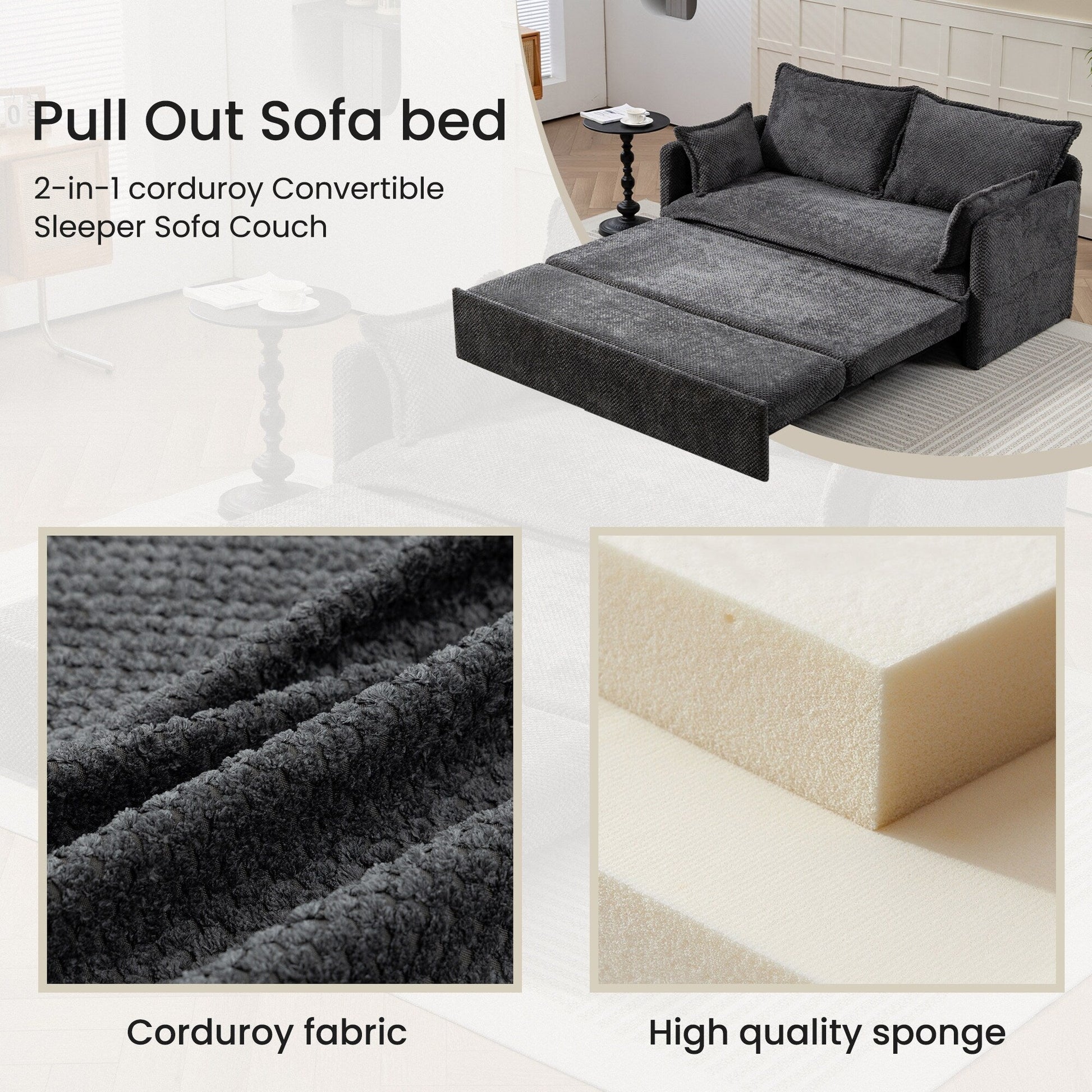 59.5 Corduroy Convertible Sofa Bed with Pull-Out Sleeper, USB/C-Type Charging Ports, and Side Storage