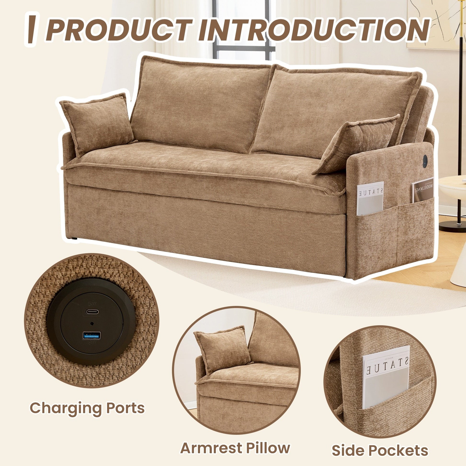 59.5 Corduroy Convertible Sofa Bed with Pull-Out Sleeper, USB/C-Type Charging Ports, and Side Storage