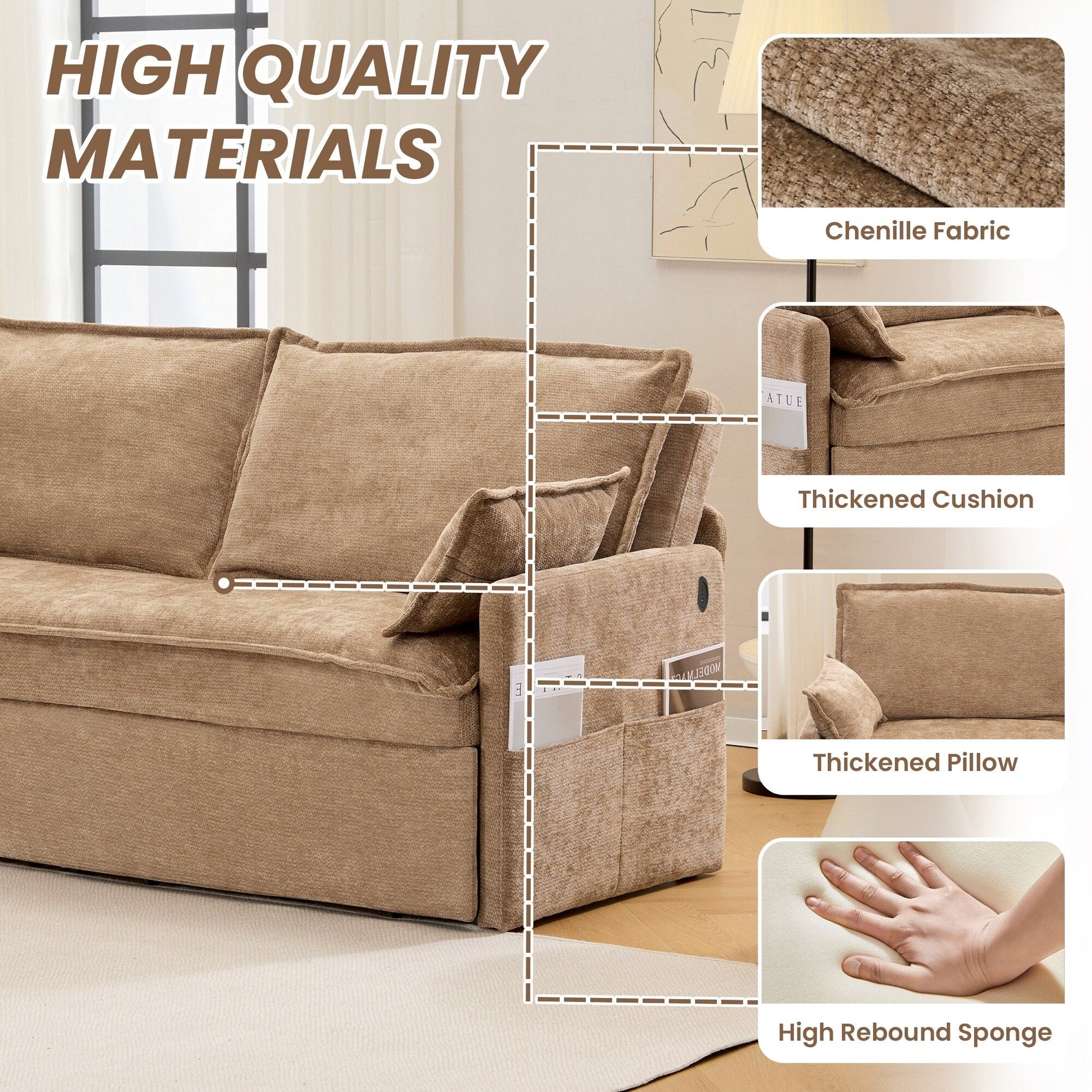 59.5 Corduroy Convertible Sofa Bed with Pull-Out Sleeper, USB/C-Type Charging Ports, and Side Storage