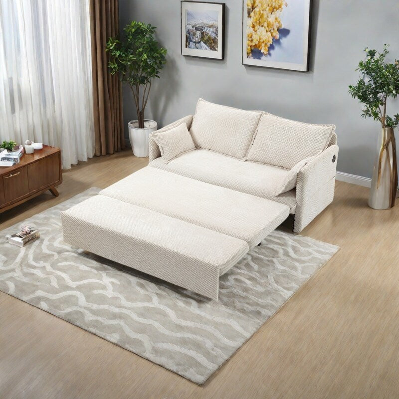 59.5 Corduroy Convertible Sofa Bed with Pull-Out Sleeper, USB/C-Type Charging Ports, and Side Storage