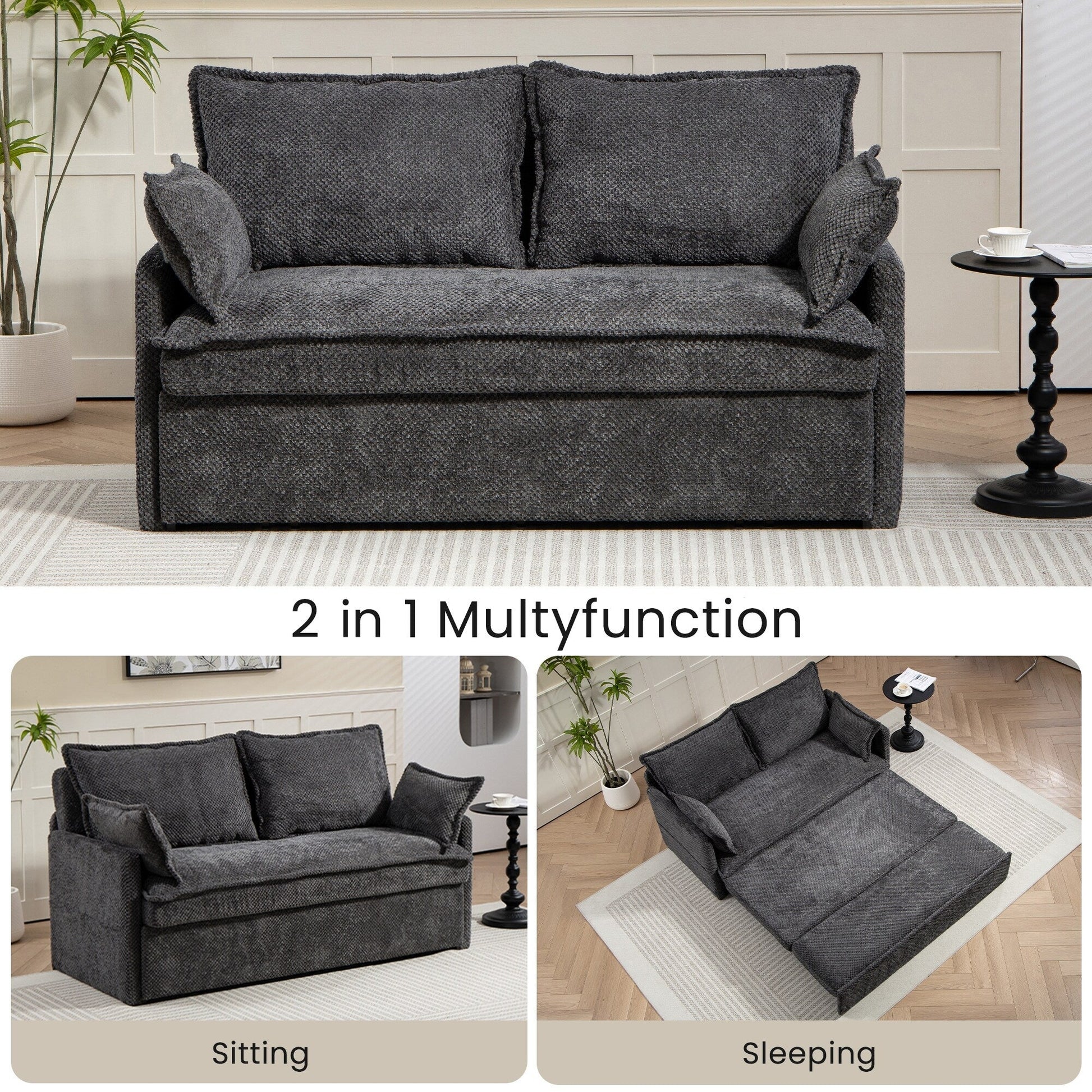 59.5 Corduroy Convertible Sofa Bed with Pull-Out Sleeper, USB/C-Type Charging Ports, and Side Storage