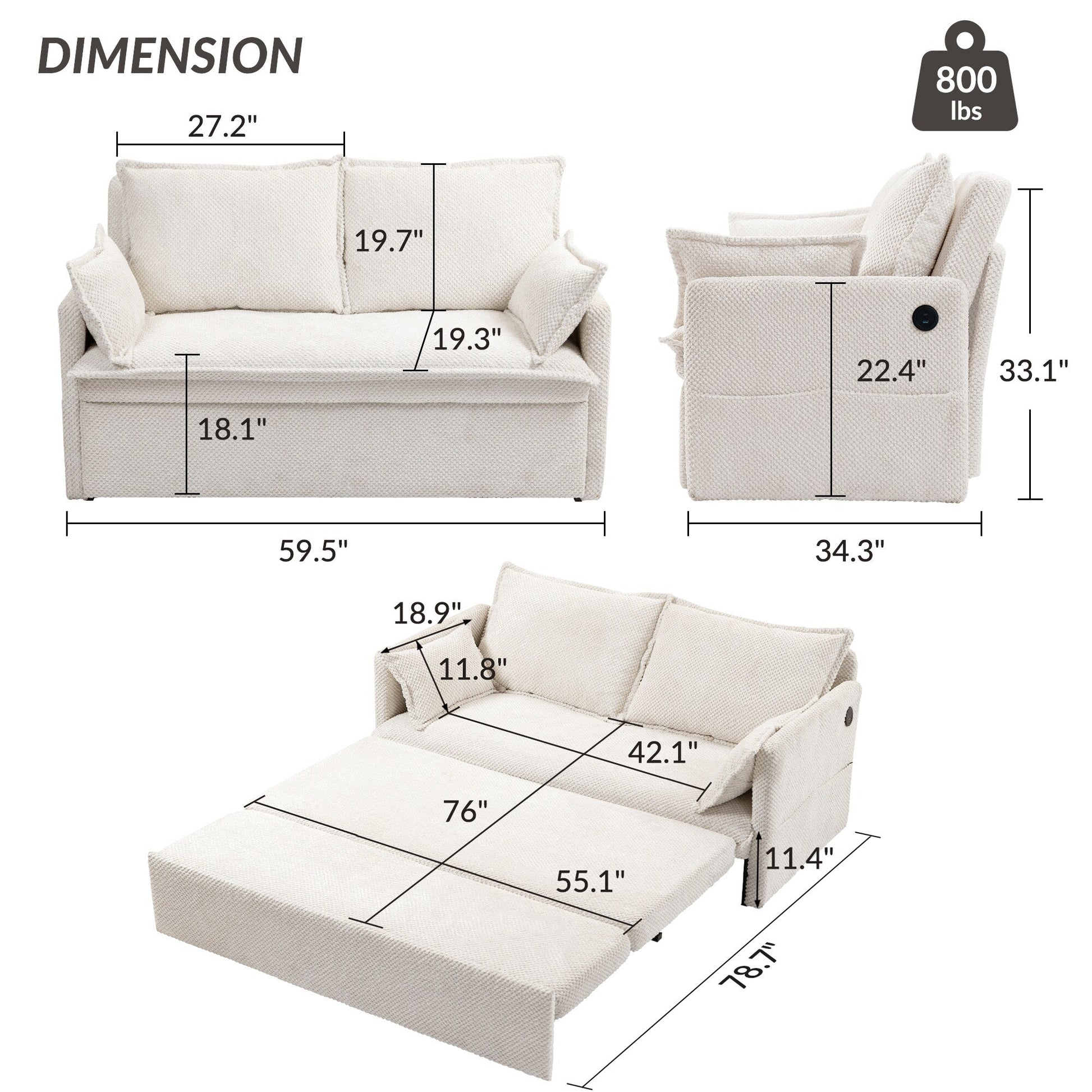 59.5 Corduroy Convertible Sofa Bed with Pull-Out Sleeper, USB/C-Type Charging Ports, and Side Storage