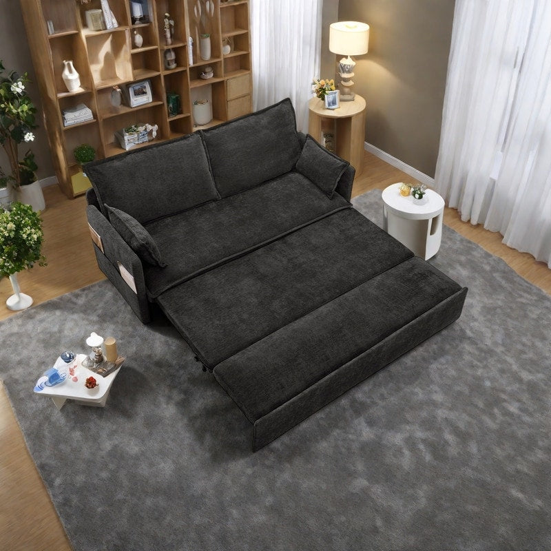 59.5 Corduroy Convertible Sofa Bed with Pull-Out Sleeper, USB/C-Type Charging Ports, and Side Storage