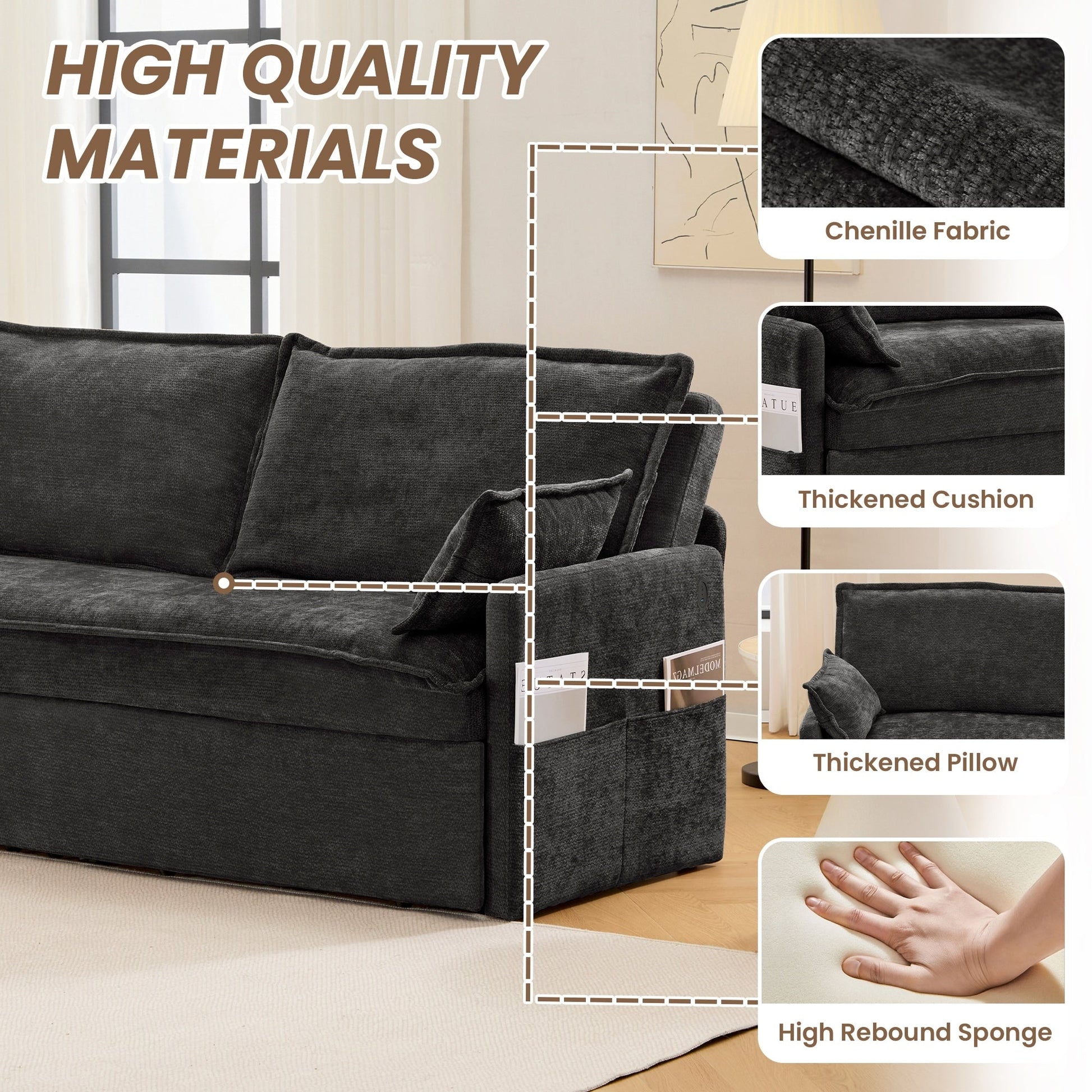 59.5 Corduroy Convertible Sofa Bed with Pull-Out Sleeper, USB/C-Type Charging Ports, and Side Storage