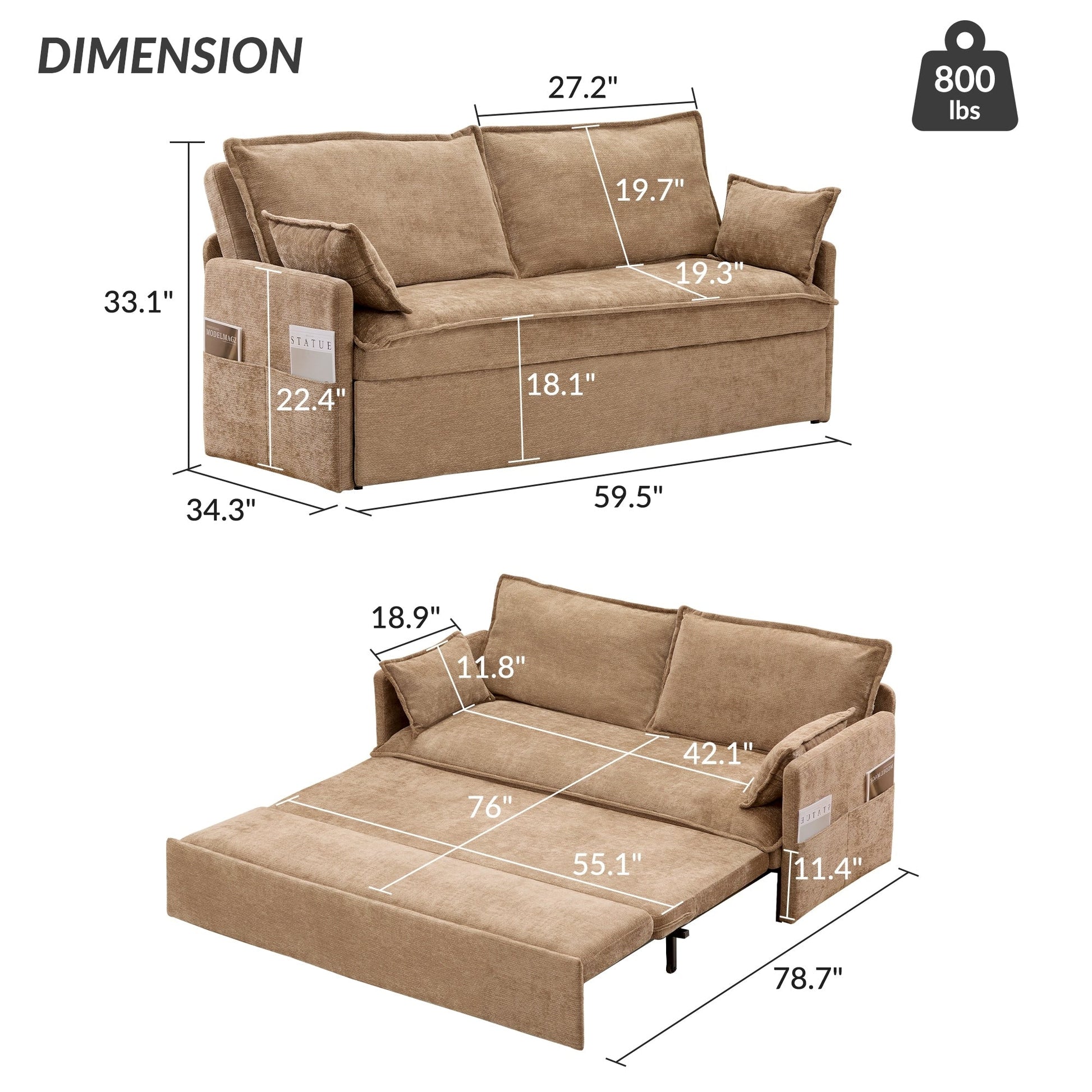 59.5 Corduroy Convertible Sofa Bed with Pull-Out Sleeper, USB/C-Type Charging Ports, and Side Storage
