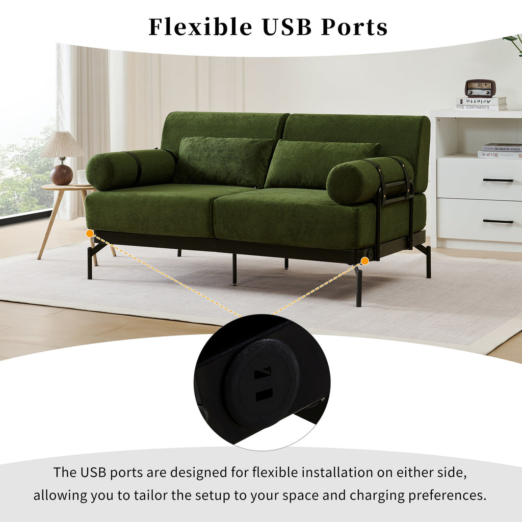 59 Chenille Modern Loveseat Sofa with USB Charging Ports, Cylindrical Armrests, and 440lb Capacity