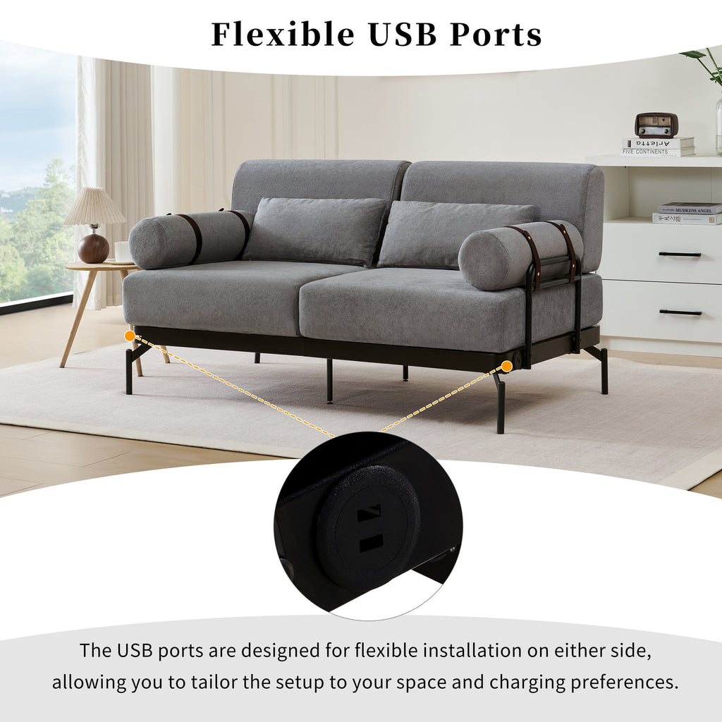 59 Chenille Modern Loveseat Sofa with USB Charging Ports, Cylindrical Armrests, and 440lb Capacity