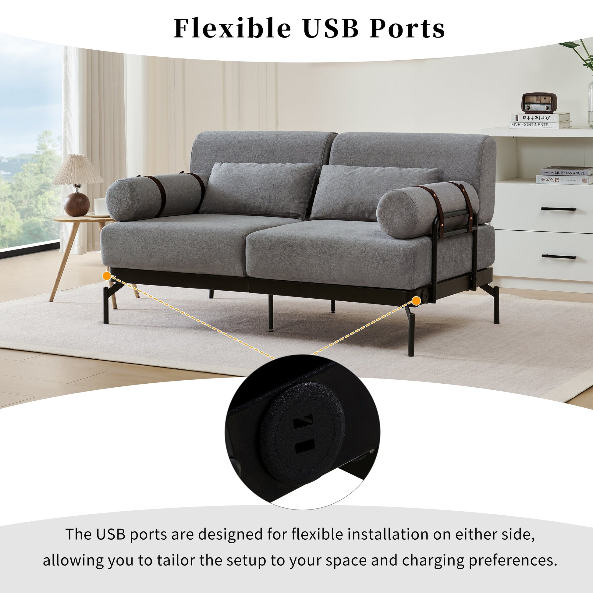59 Chenille Modern Loveseat Sofa with USB Charging Ports, Cylindrical Armrests, and 440lb Capacity