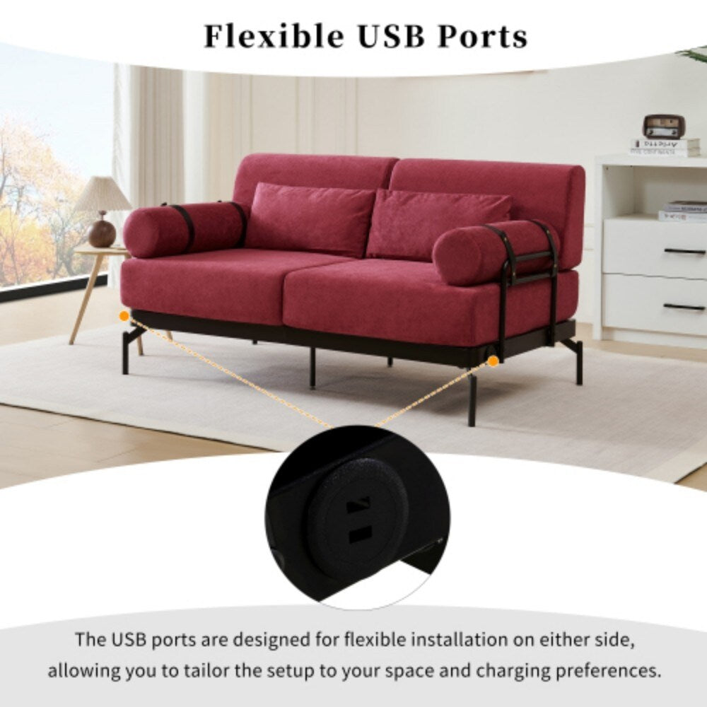 Canapé 2 places moderne 59 avec ports USB flexibles et accoudoirs cylindriques