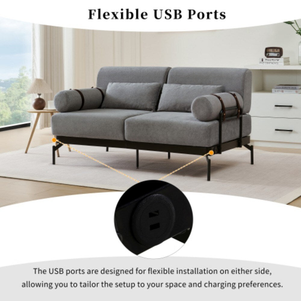 Canapé 2 places moderne 59 avec ports USB flexibles et accoudoirs cylindriques