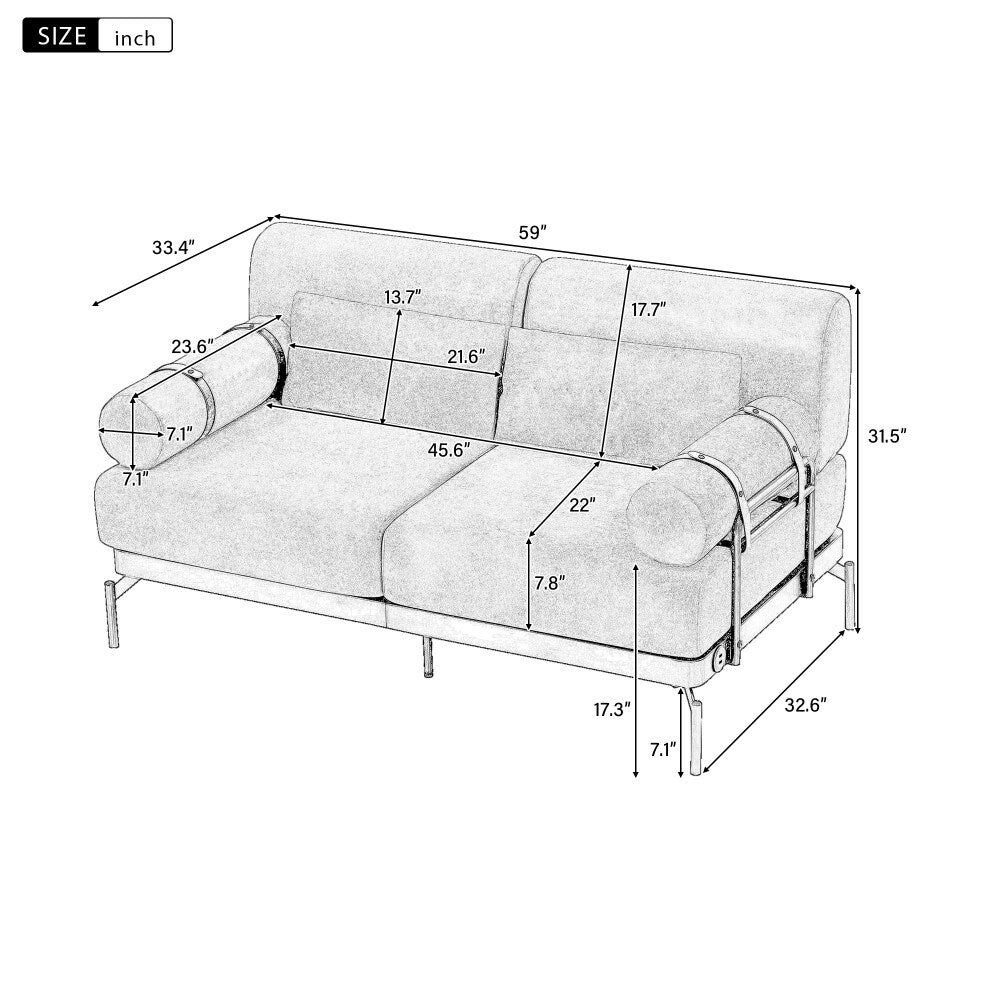 Canapé 2 places moderne 59 avec ports USB flexibles et accoudoirs cylindriques