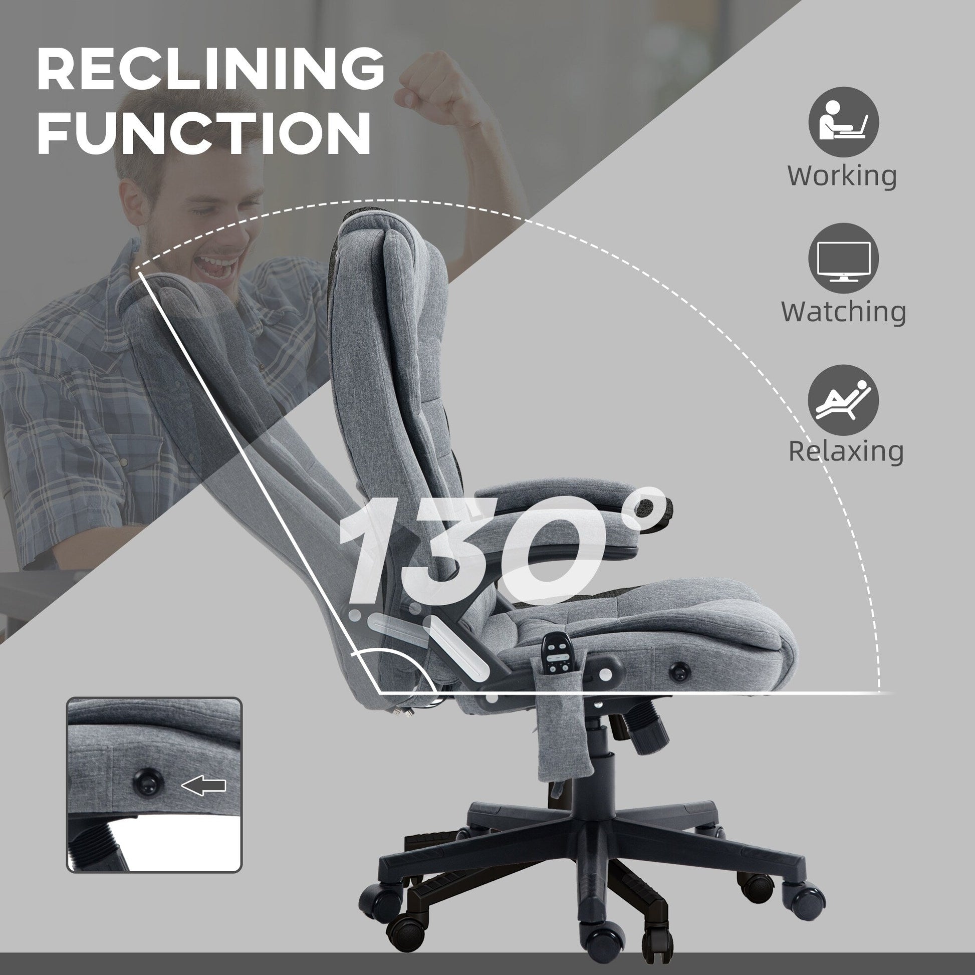 Chaise de bureau ergonomique inclinable avec massage à 6 points, dossier haut, accoudoirs, chauffage lombaire.