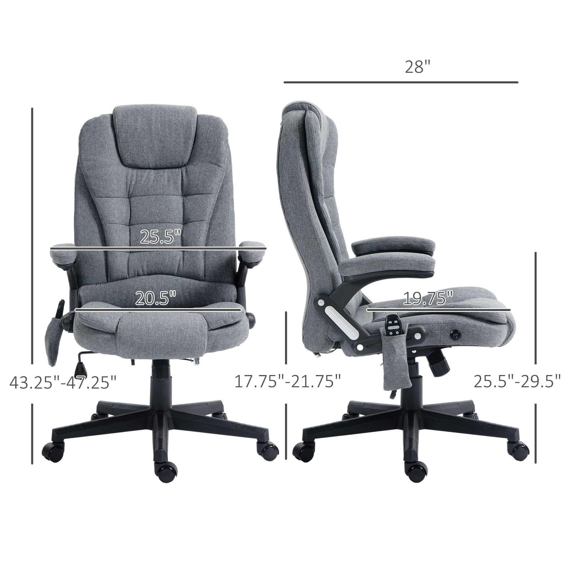 Chaise de bureau ergonomique inclinable avec massage à 6 points, dossier haut, accoudoirs, chauffage lombaire.