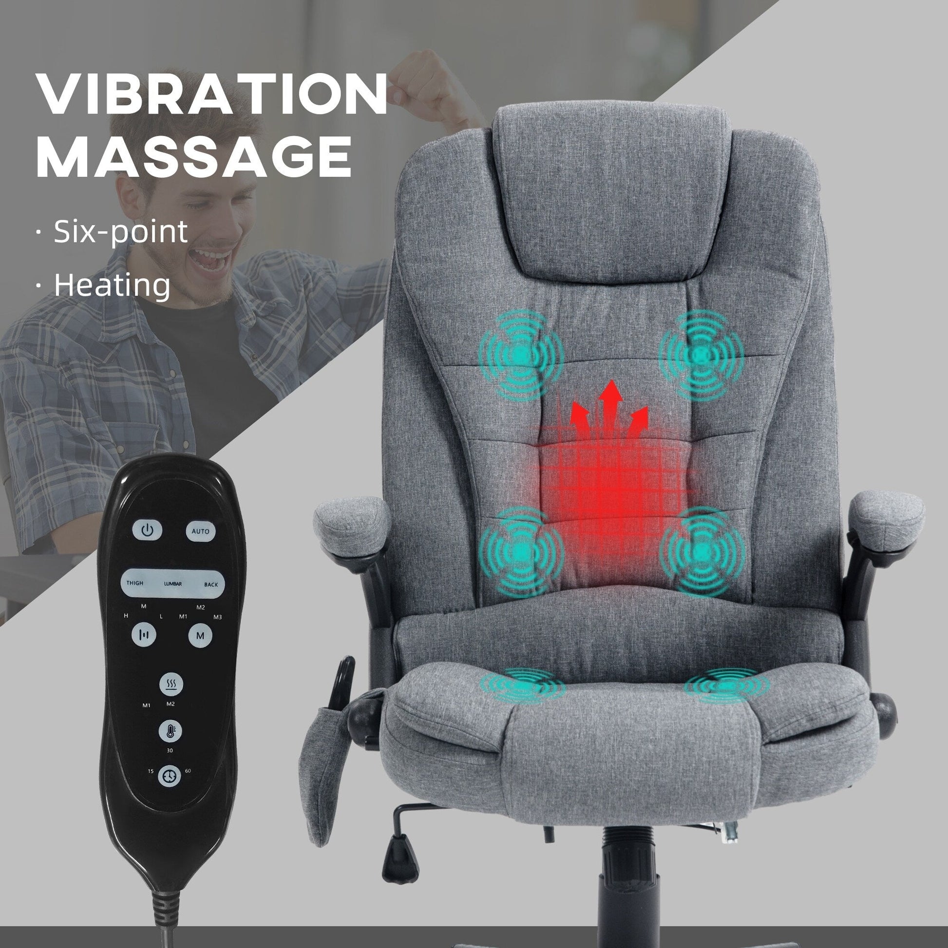 Chaise de bureau ergonomique inclinable avec massage à 6 points, dossier haut, accoudoirs, chauffage lombaire.
