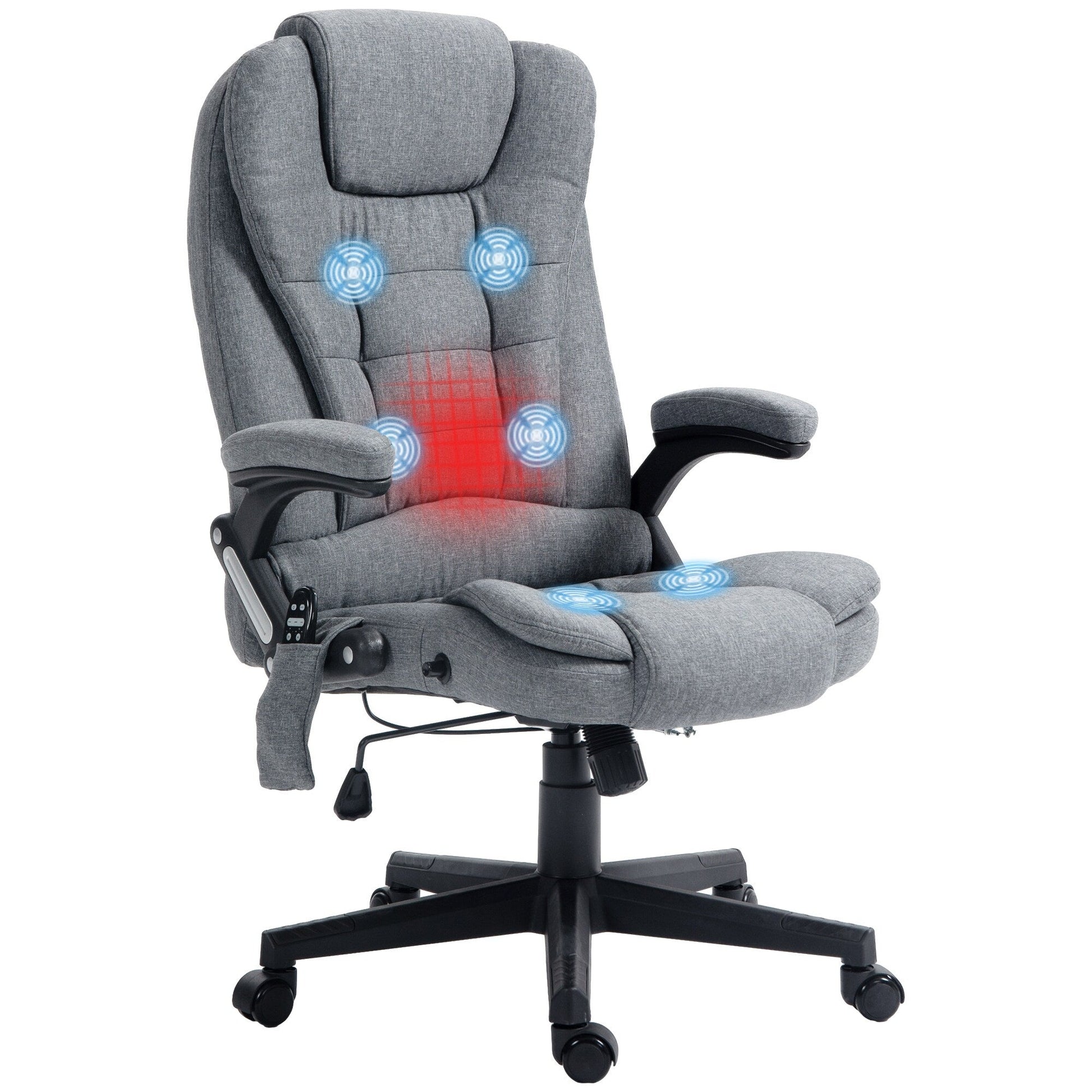 Chaise de bureau ergonomique inclinable avec massage à 6 points, dossier haut, accoudoirs, chauffage lombaire.