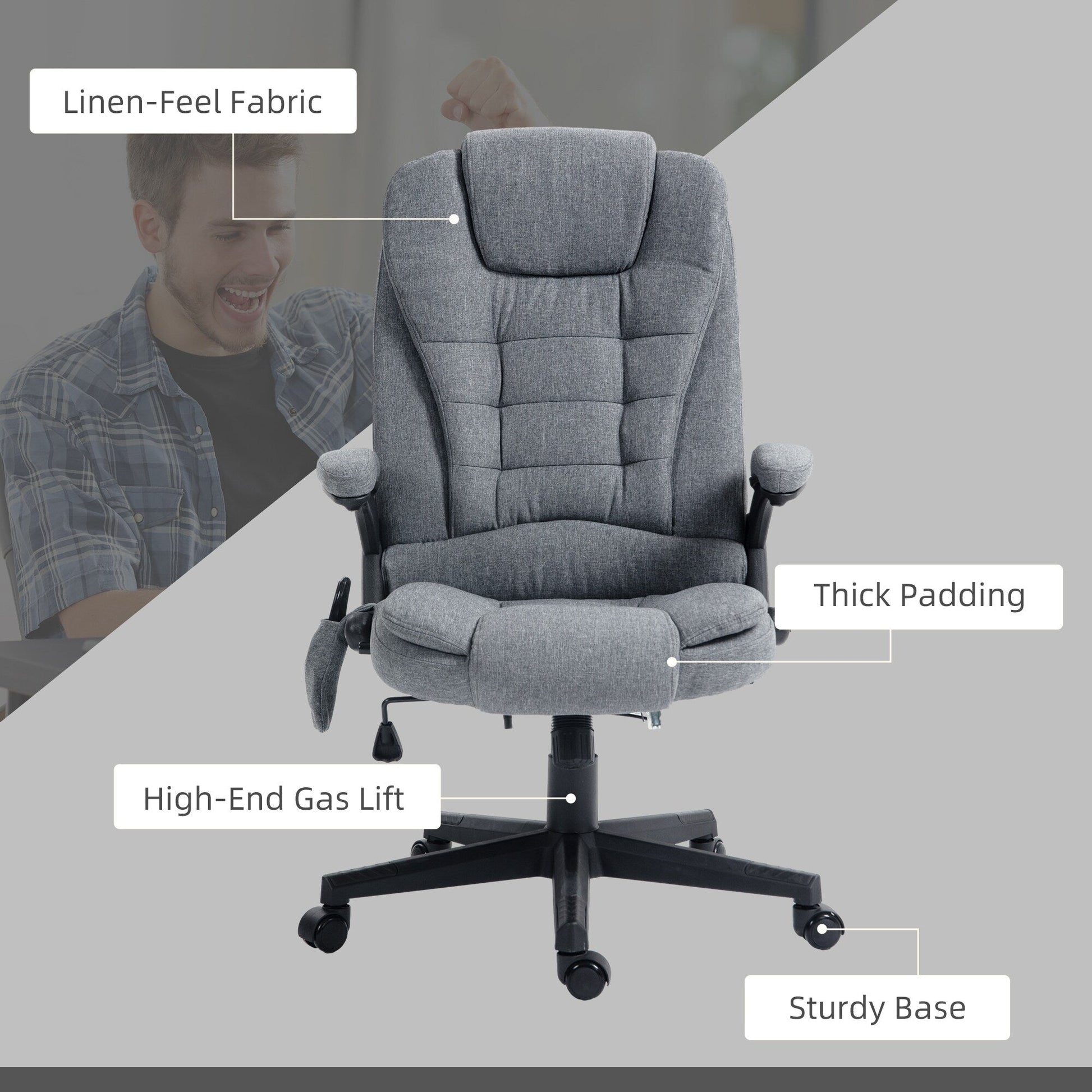 Chaise de bureau ergonomique inclinable avec massage à 6 points, dossier haut, accoudoirs, chauffage lombaire.