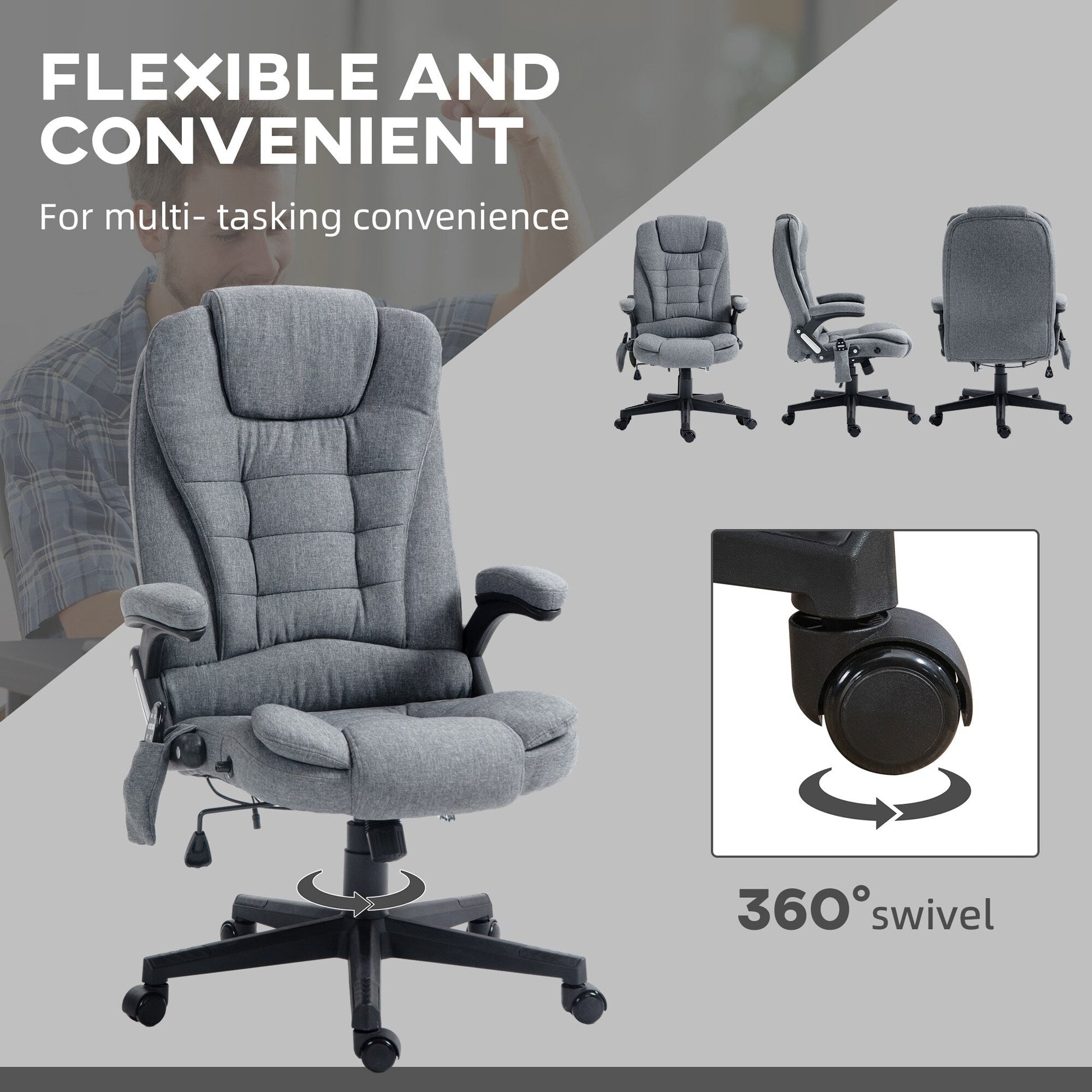 Chaise de bureau ergonomique inclinable avec massage à 6 points, dossier haut, accoudoirs, chauffage lombaire.