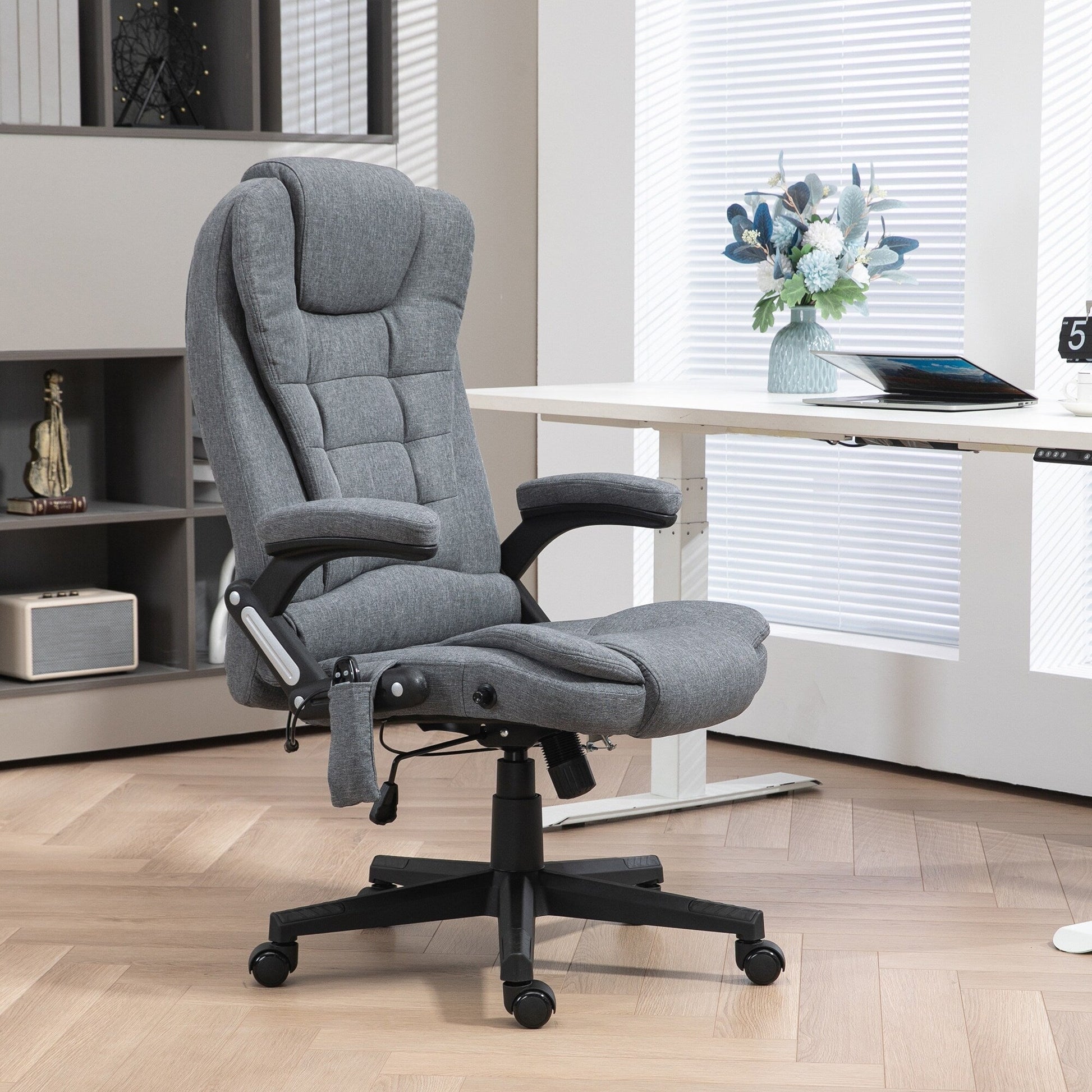 Chaise de bureau ergonomique inclinable avec massage à 6 points, dossier haut, accoudoirs, chauffage lombaire.