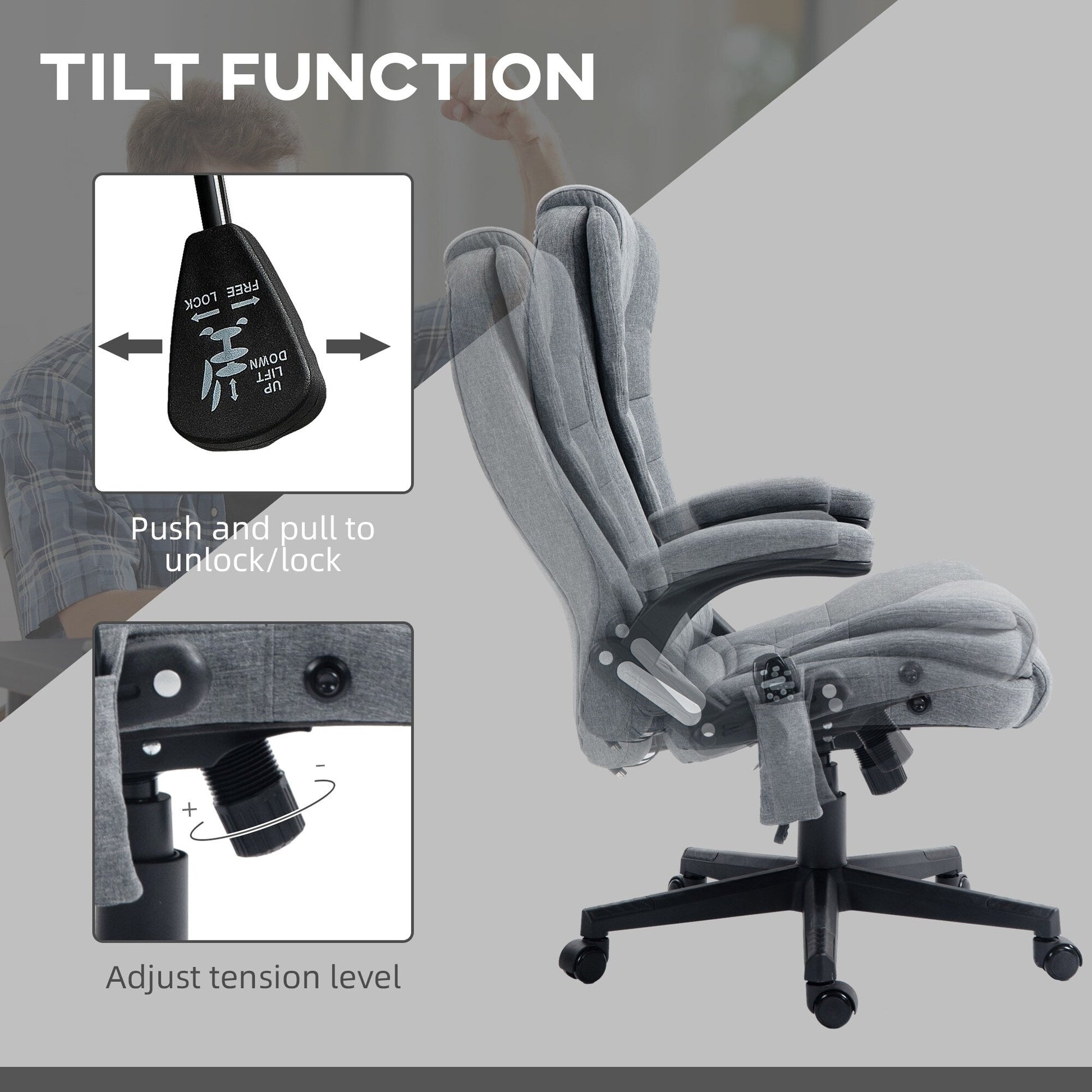 Chaise de bureau ergonomique inclinable avec massage à 6 points, dossier haut, accoudoirs, chauffage lombaire.