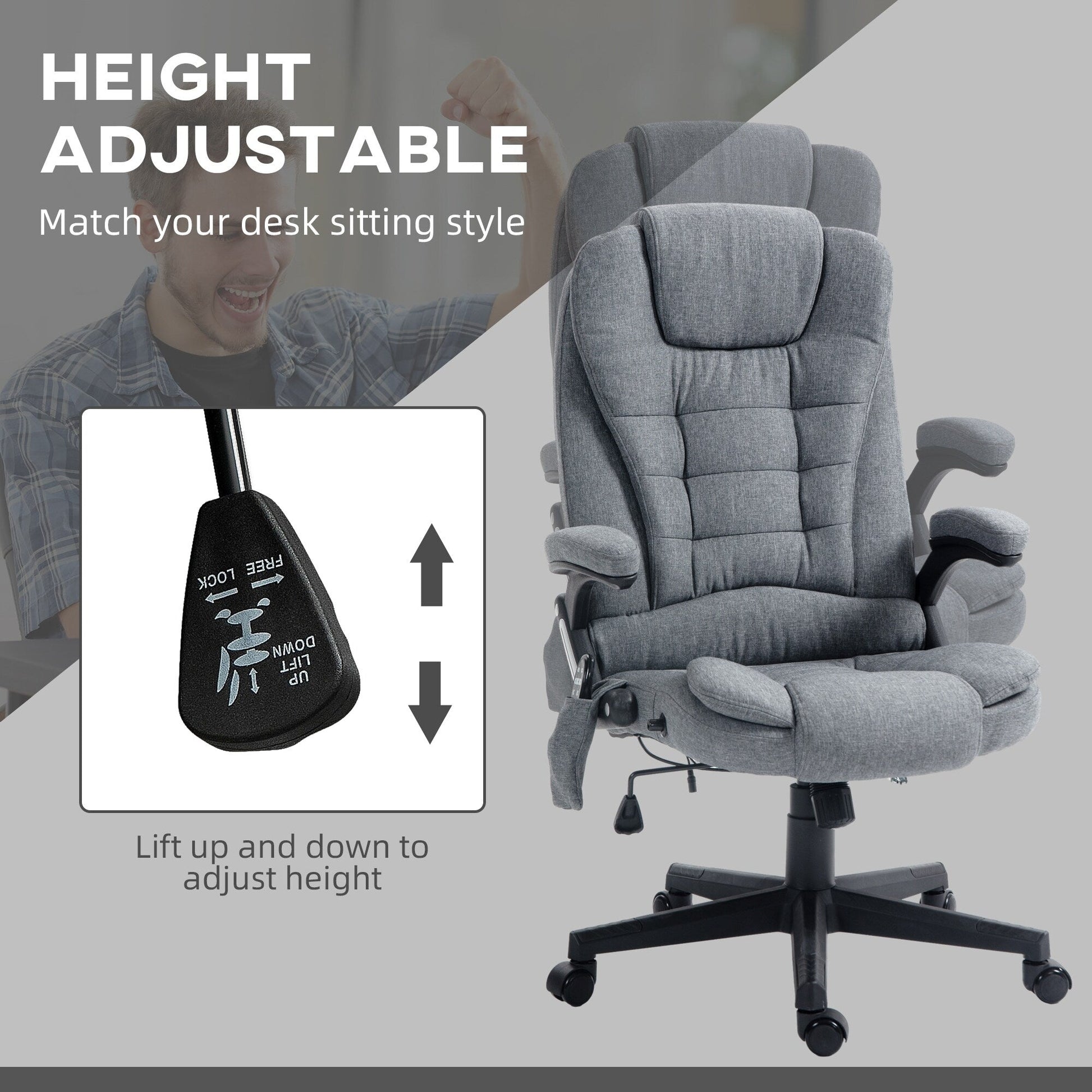 Chaise de bureau ergonomique inclinable avec massage à 6 points, dossier haut, accoudoirs, chauffage lombaire.
