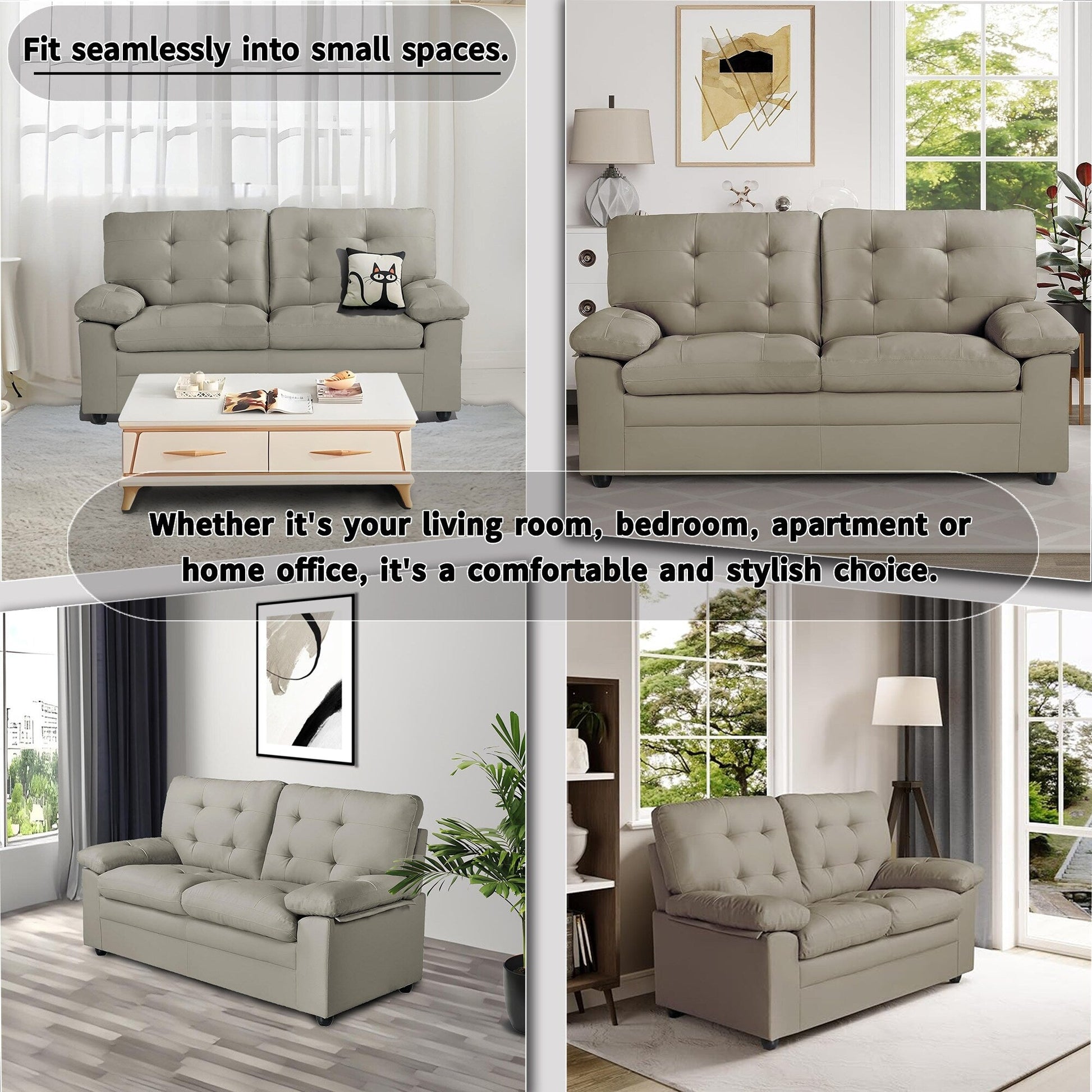Canapé-lit à 2 places en simili cuir avec capitonnage et cadre en bois dur séché au four pour salon (60 pouces)