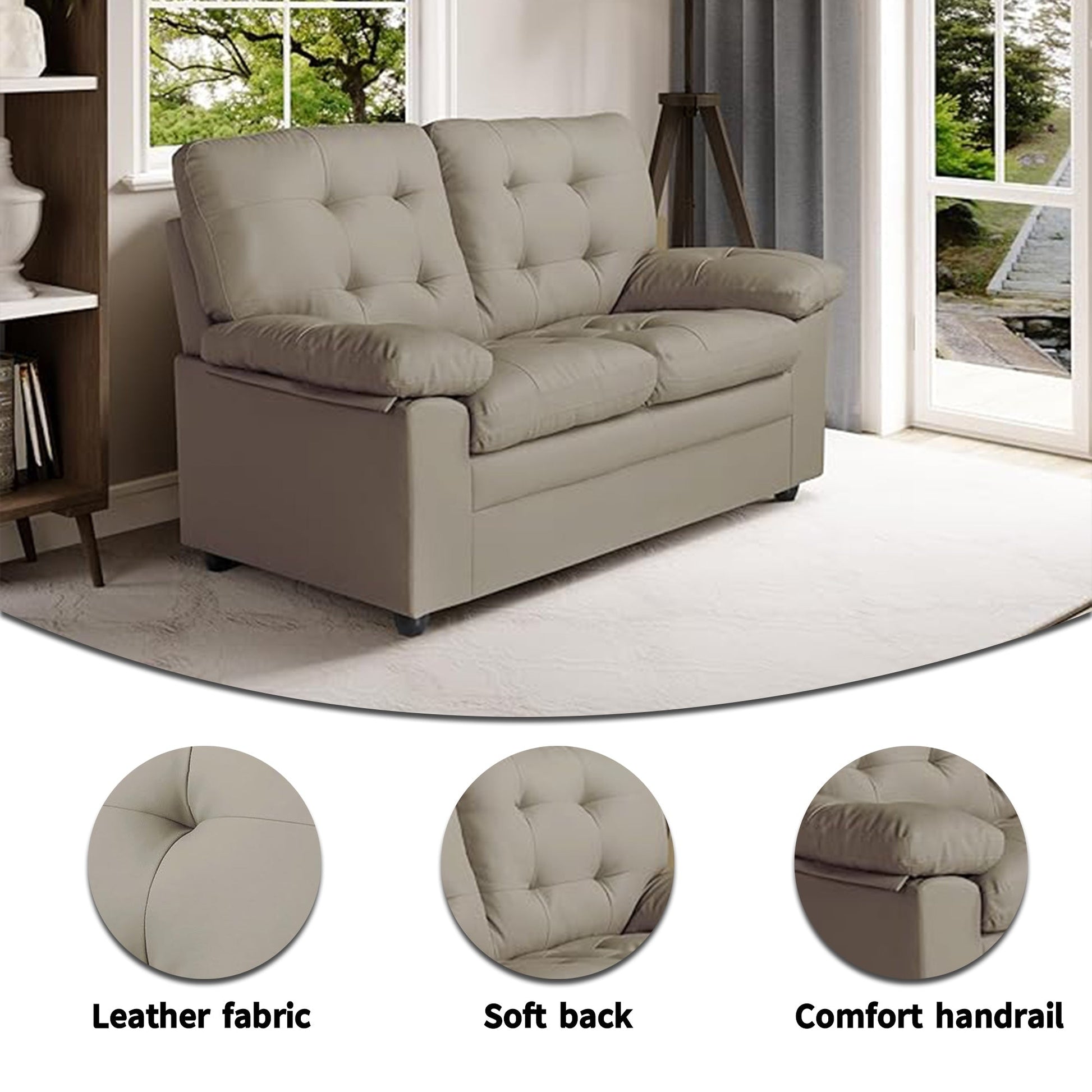 Canapé-lit à 2 places en simili cuir avec capitonnage et cadre en bois dur séché au four pour salon (60 pouces)