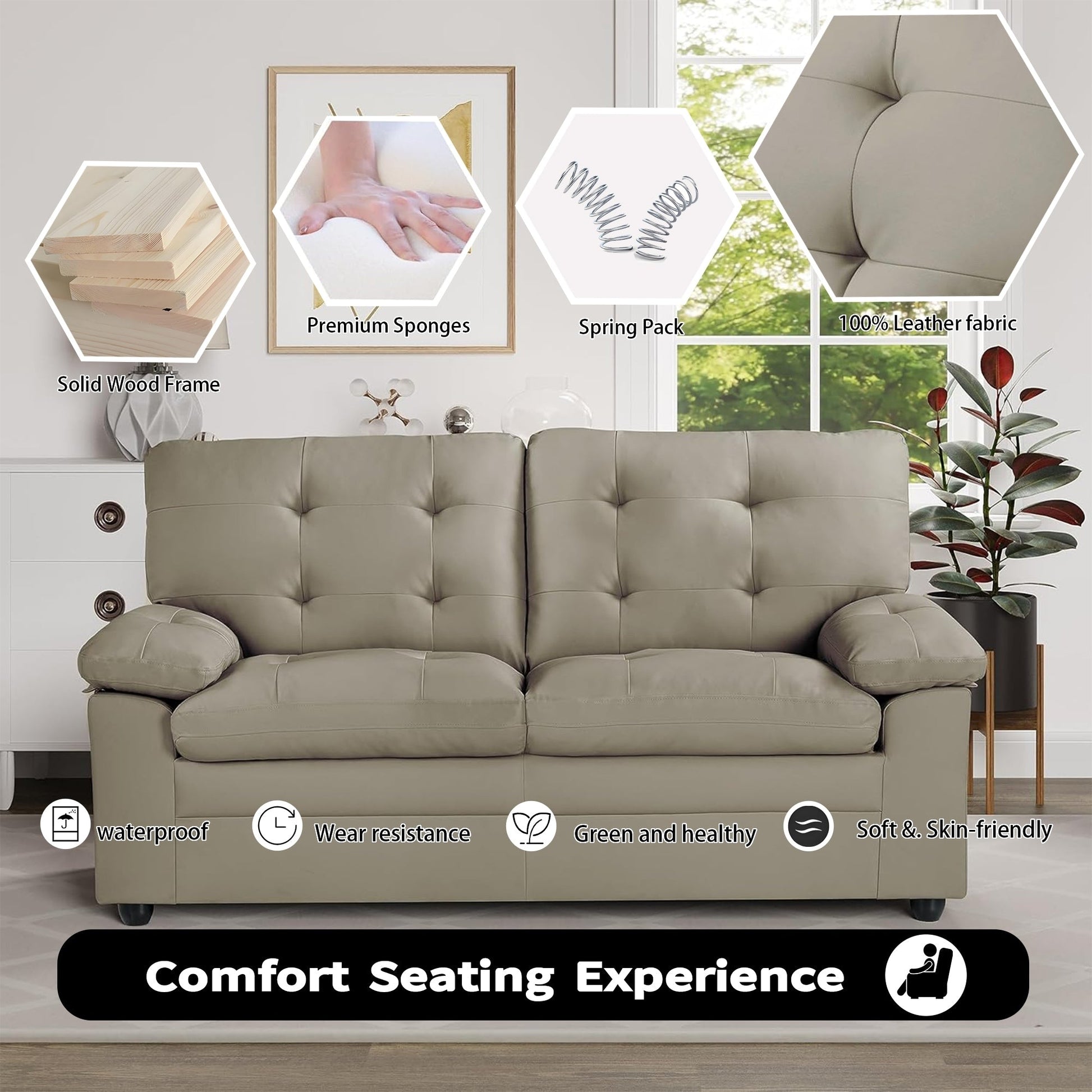 Canapé-lit à 2 places en simili cuir avec capitonnage et cadre en bois dur séché au four pour salon (60 pouces)