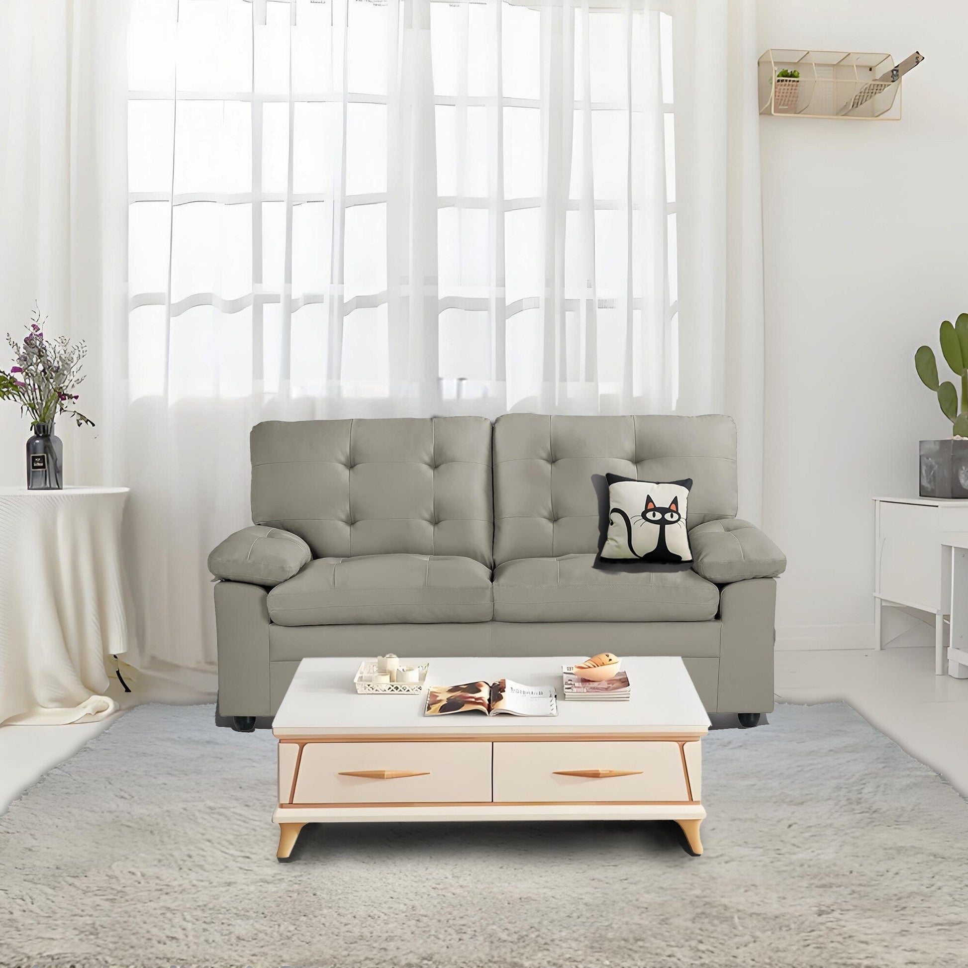Canapé-lit à 2 places en simili cuir avec capitonnage et cadre en bois dur séché au four pour salon (60 pouces)