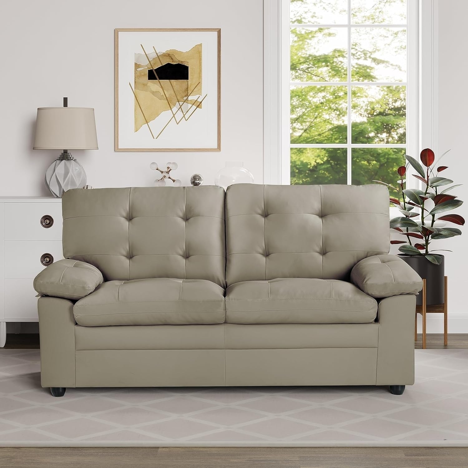 Canapé-lit à 2 places en simili cuir avec capitonnage et cadre en bois dur séché au four pour salon (60 pouces)