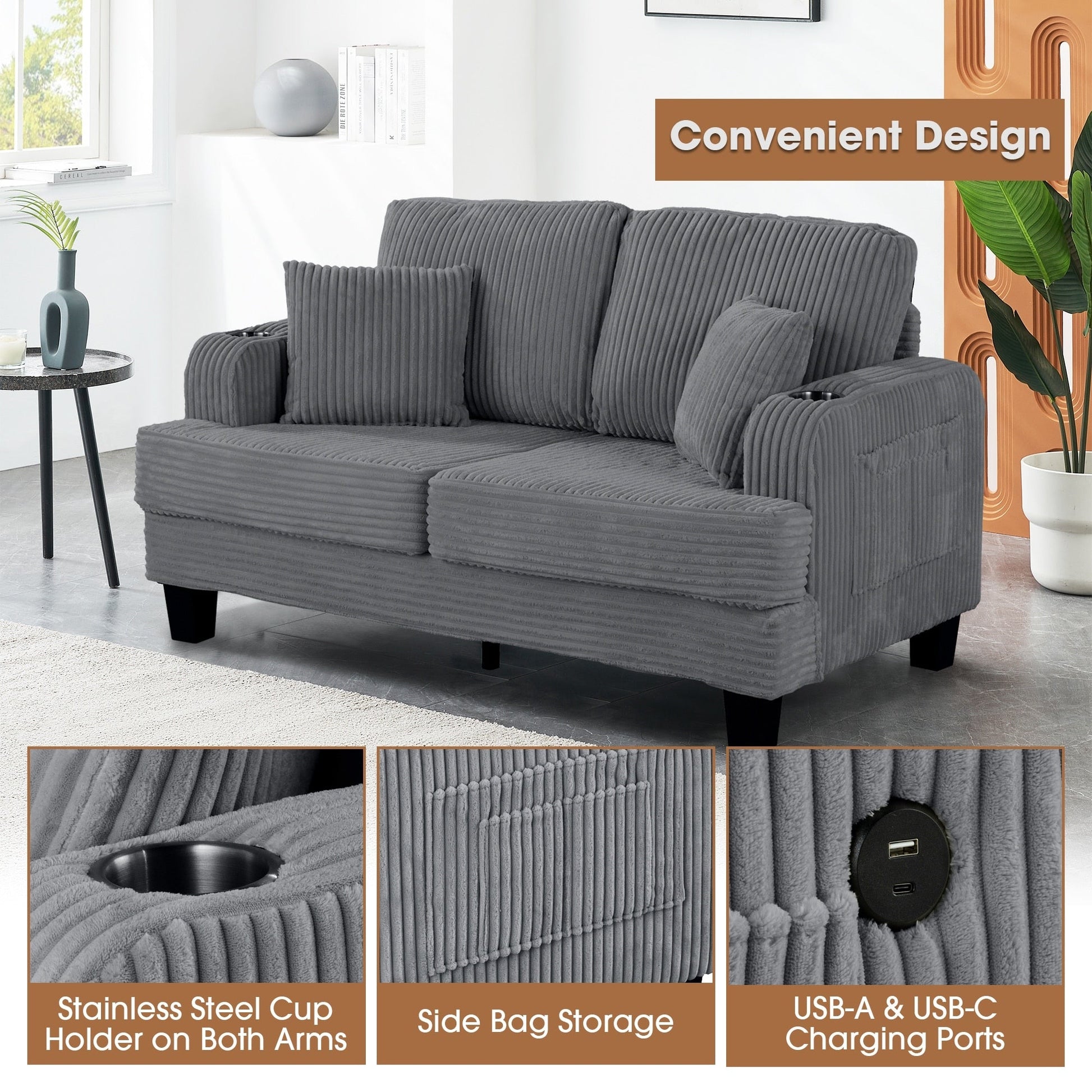 Canapé 2 places contemporain en velours côtelé avec 2 coussins et porte-gobelets (61 pouces)