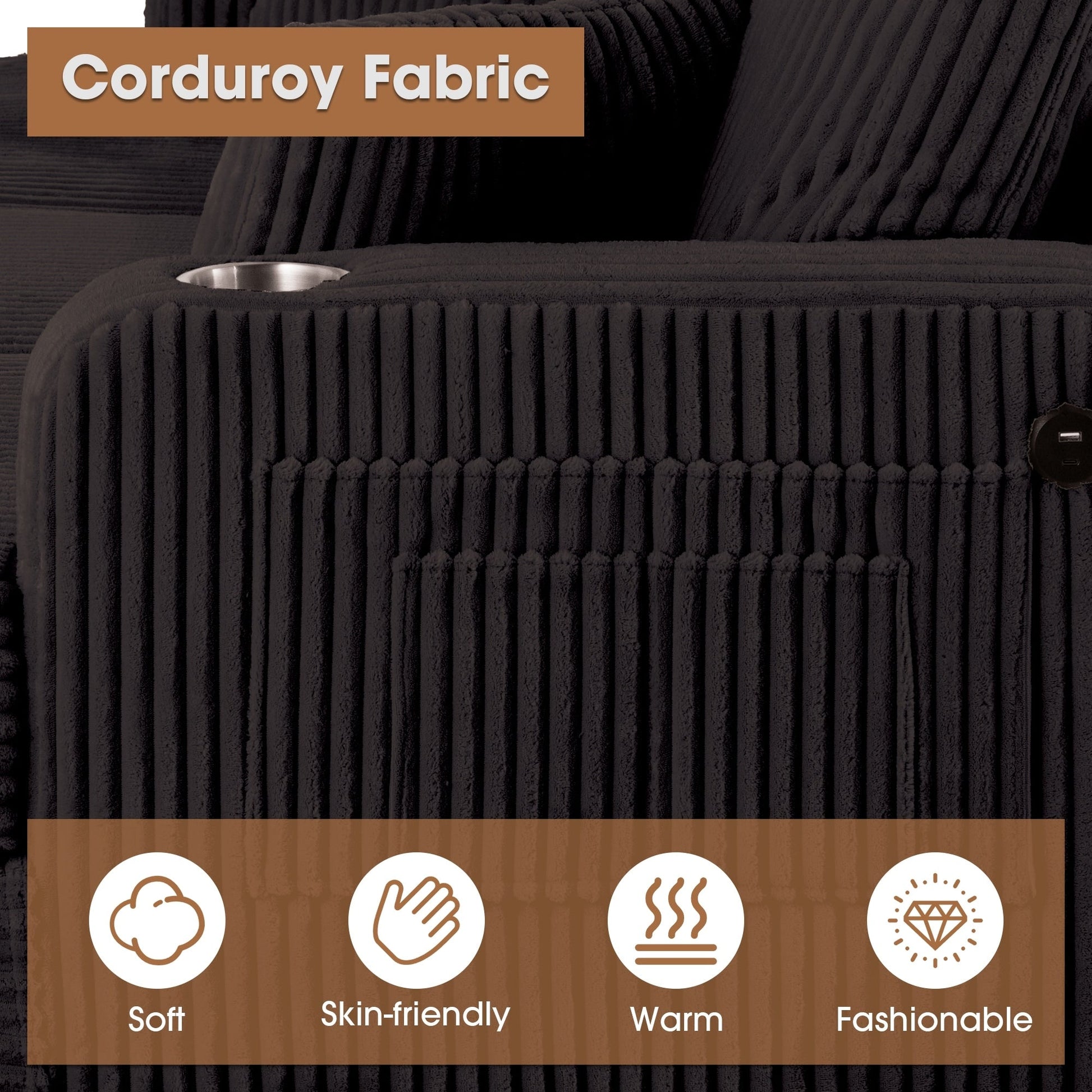 Canapé 2 places contemporain en velours côtelé avec 2 coussins et porte-gobelets (61 pouces)