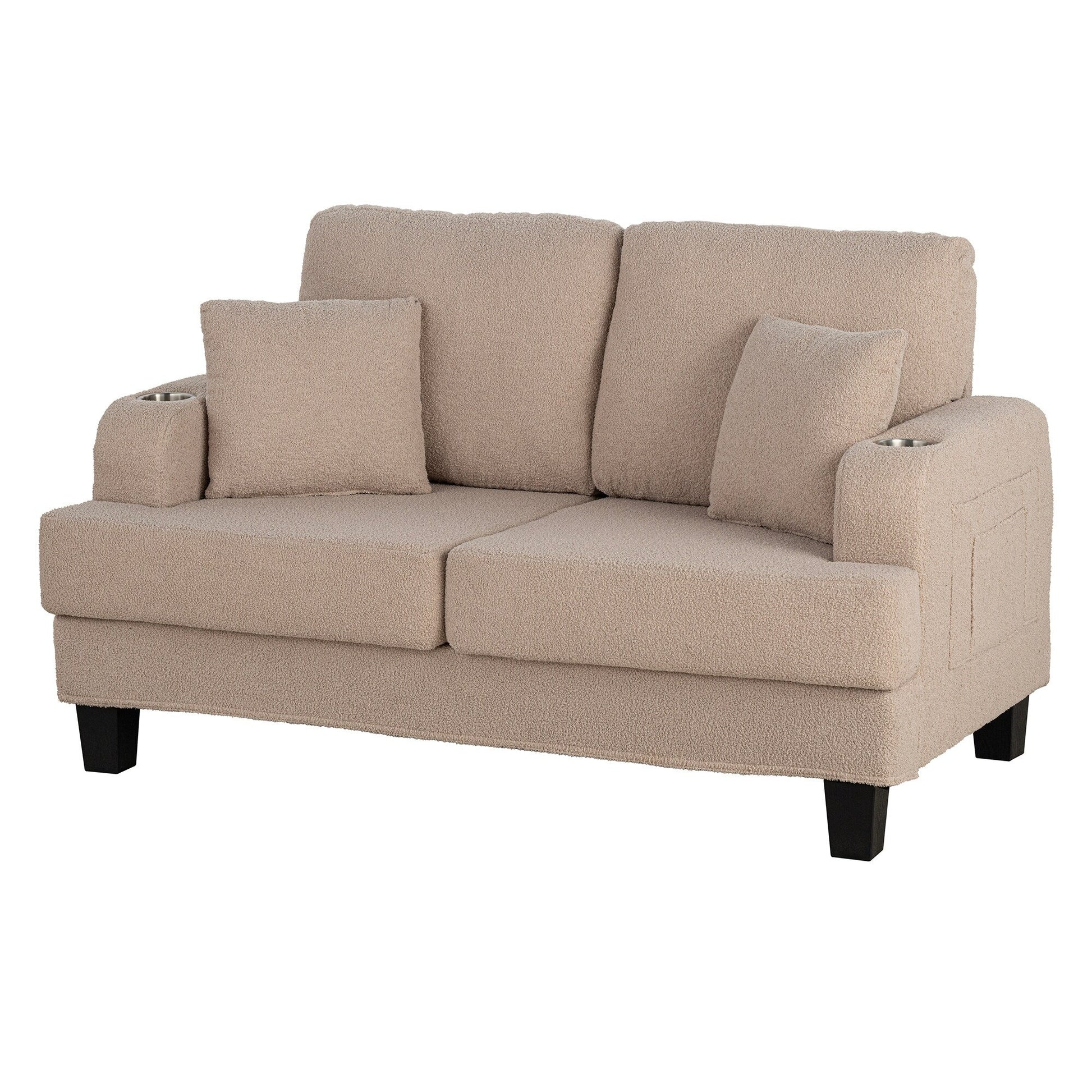 61 Canapé 2 places beige clair avec 2 coussins et porte-gobelets