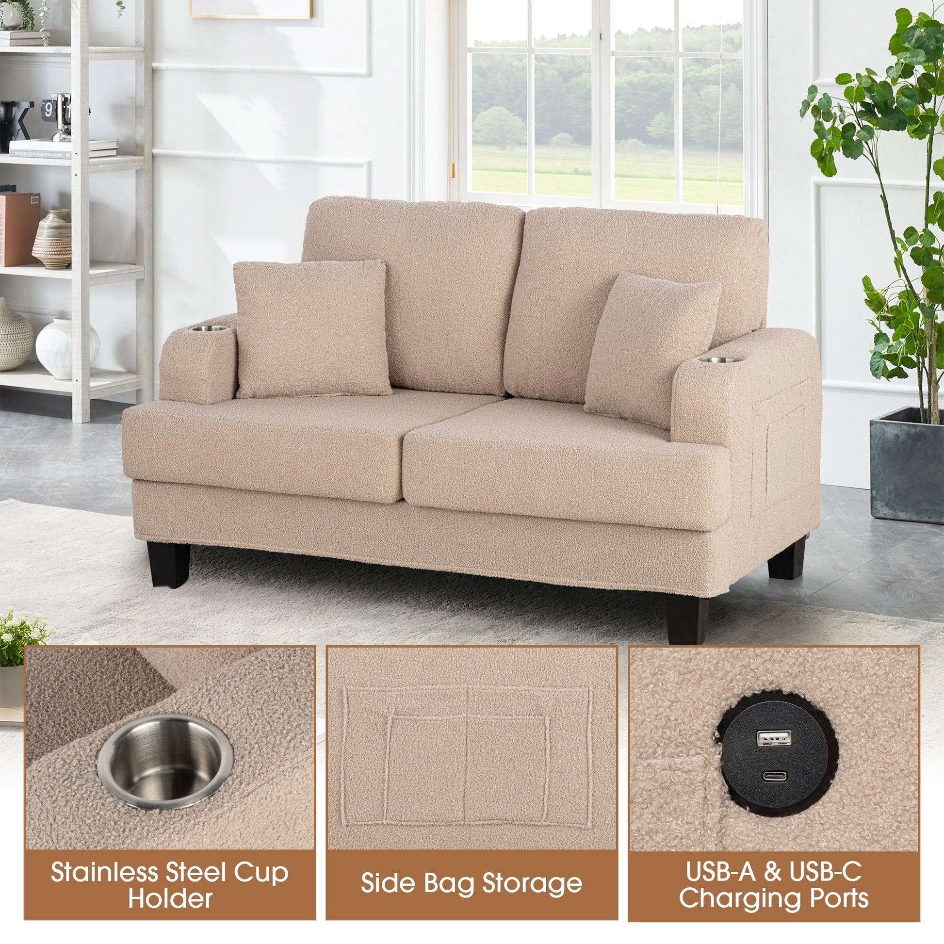 61 Canapé 2 places beige clair avec 2 coussins et porte-gobelets