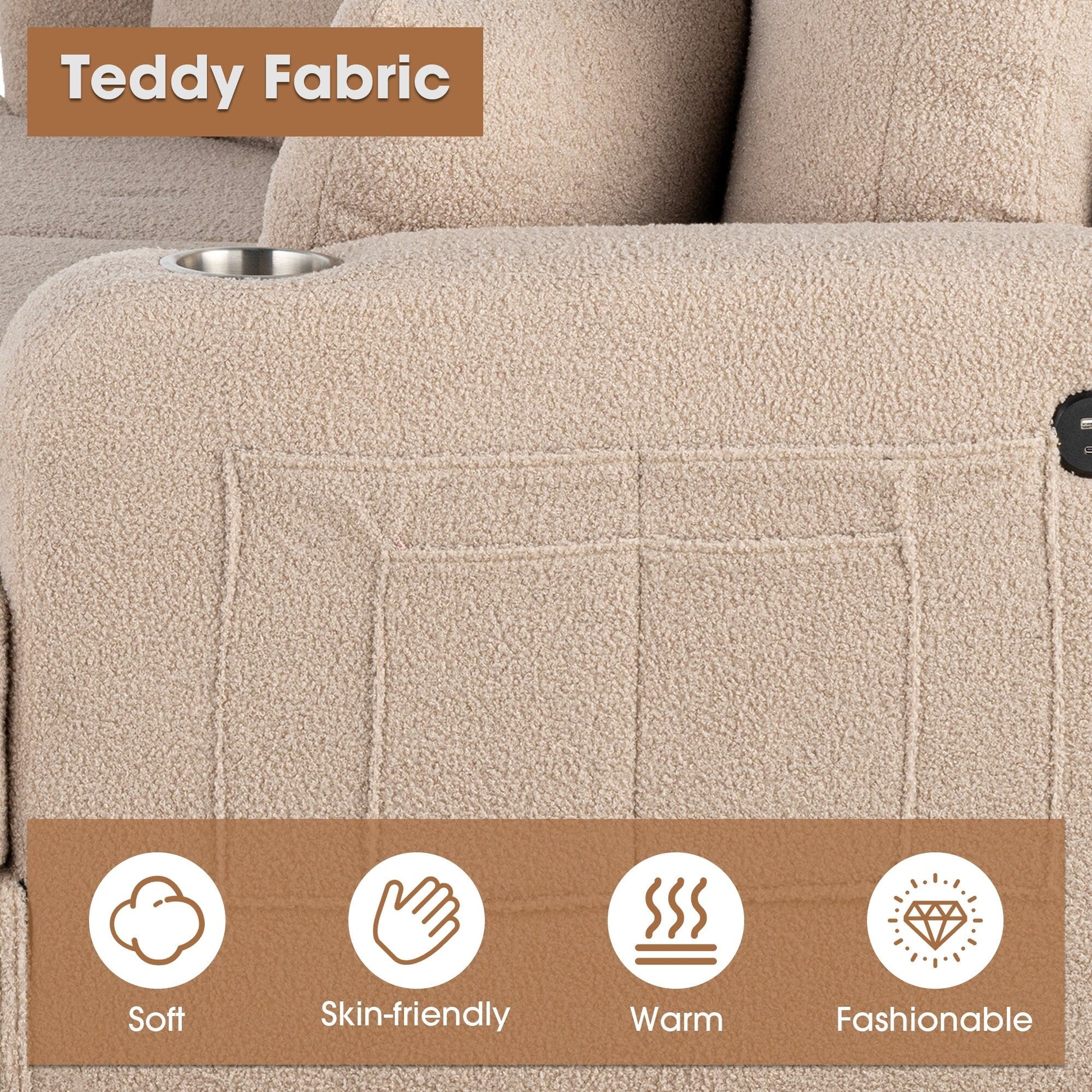 61 Canapé 2 places beige clair avec 2 coussins et porte-gobelets