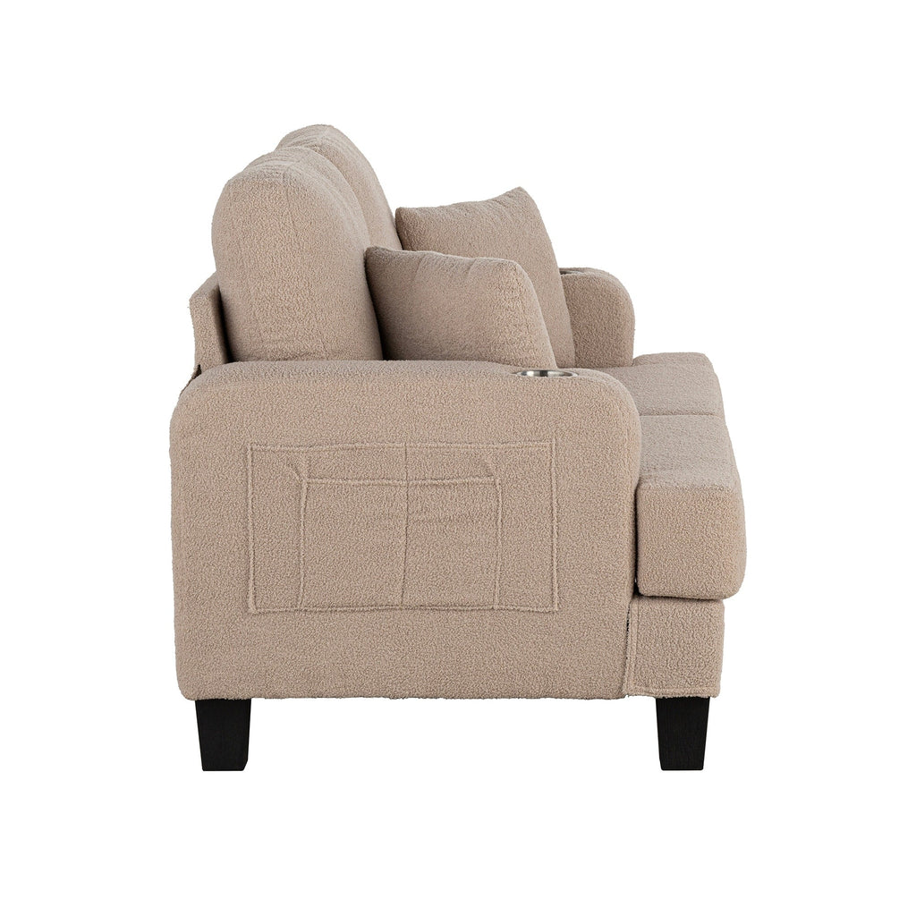 61 Canapé 2 places beige clair avec 2 coussins et porte-gobelets