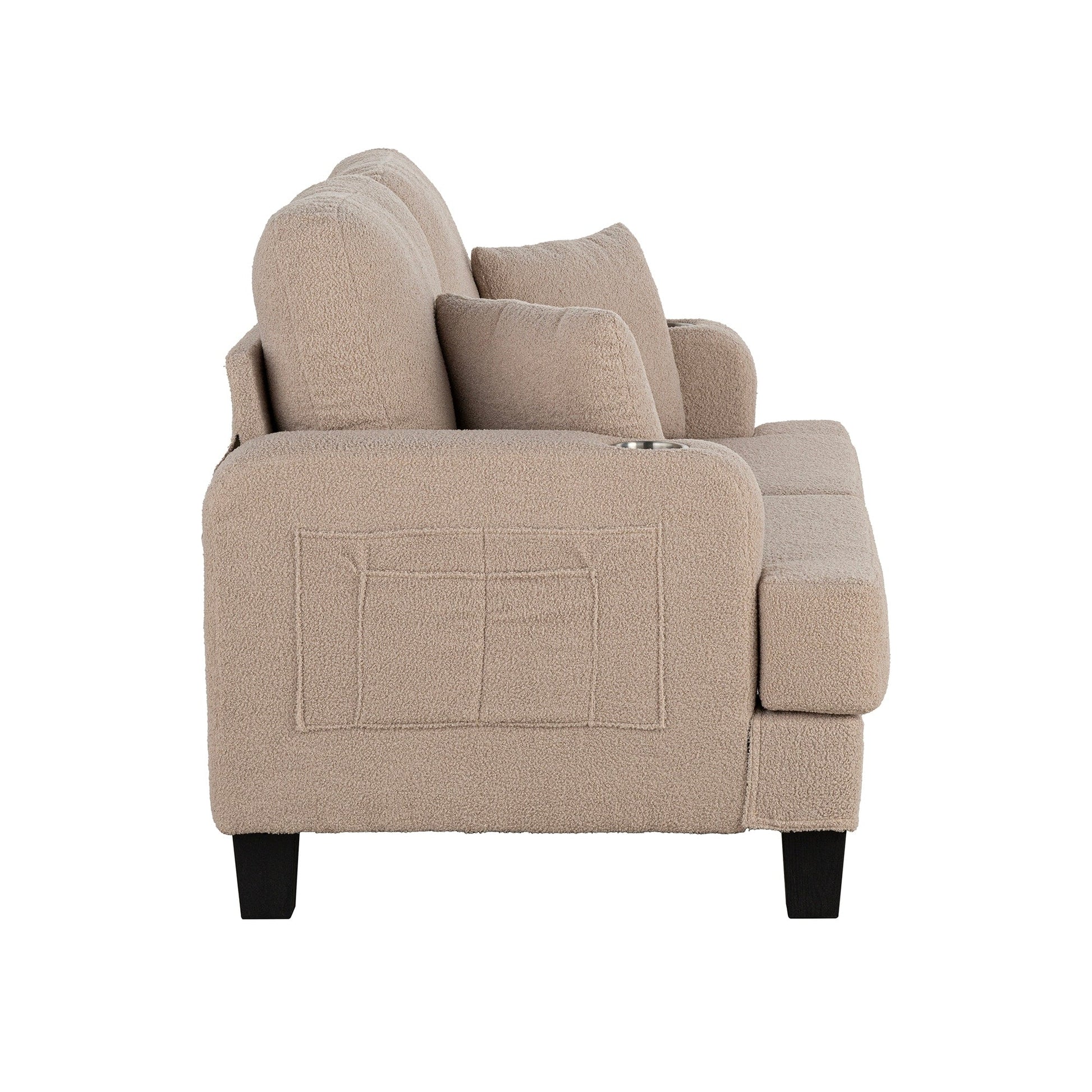 61 Canapé 2 places beige clair avec 2 coussins et porte-gobelets