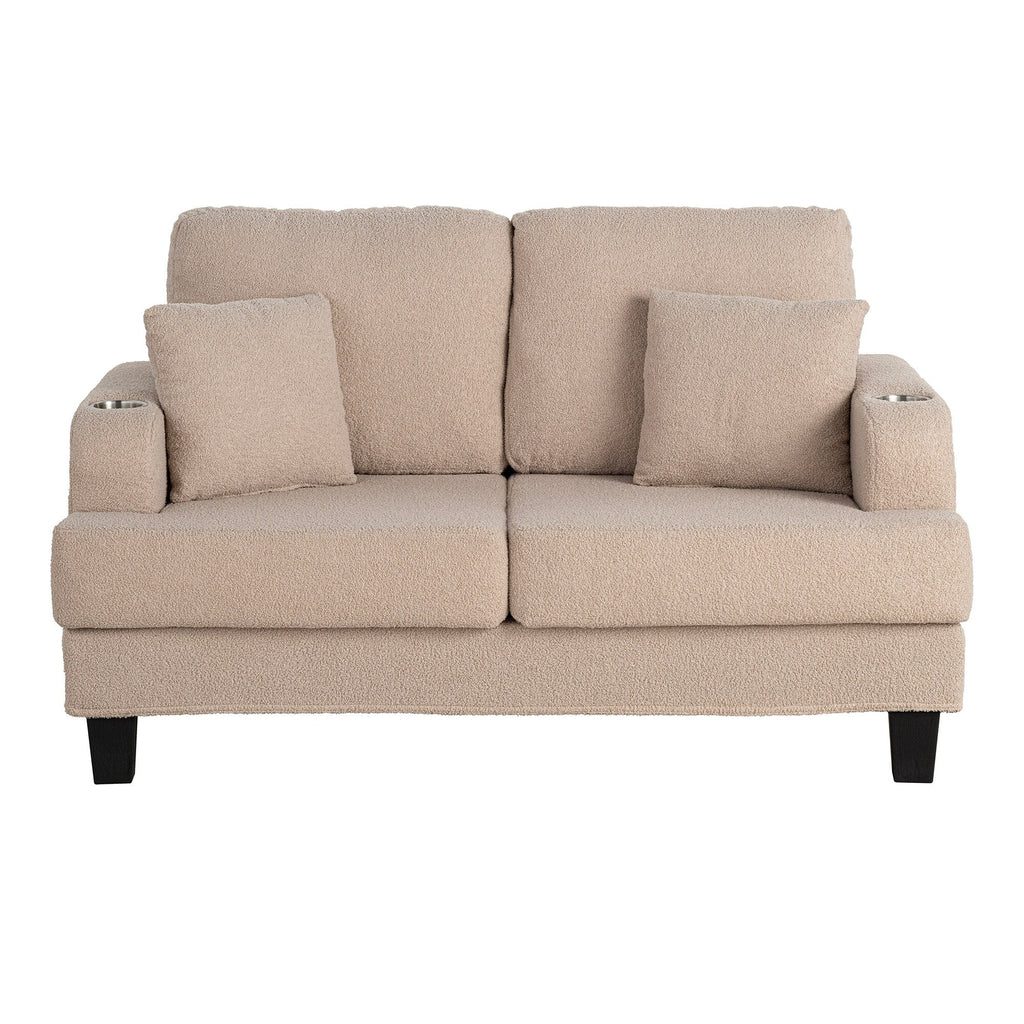 61 Canapé 2 places beige clair avec 2 coussins et porte-gobelets