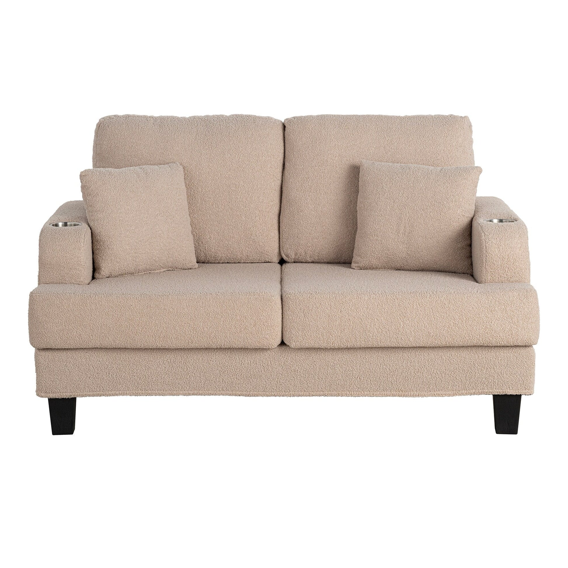 61 Canapé 2 places beige clair avec 2 coussins et porte-gobelets