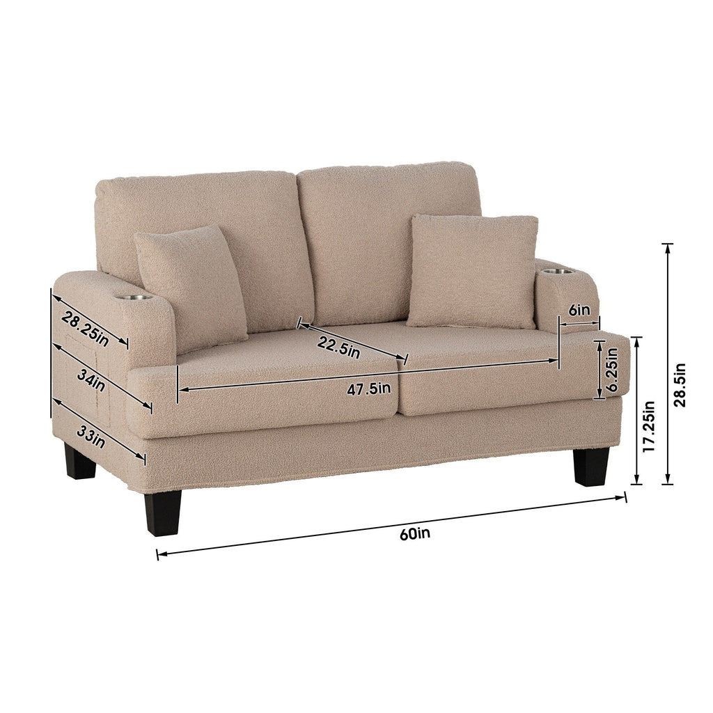61 Canapé 2 places beige clair avec 2 coussins et porte-gobelets