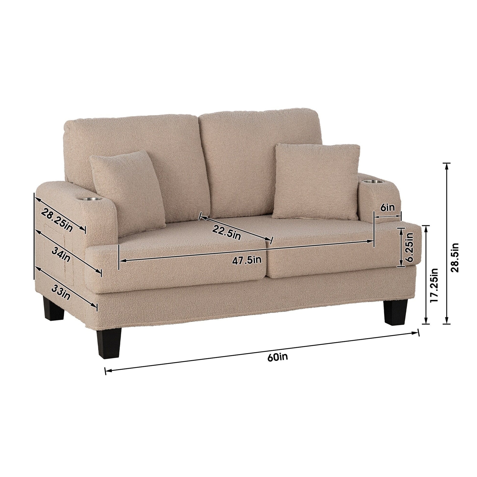 61 Canapé 2 places beige clair avec 2 coussins et porte-gobelets